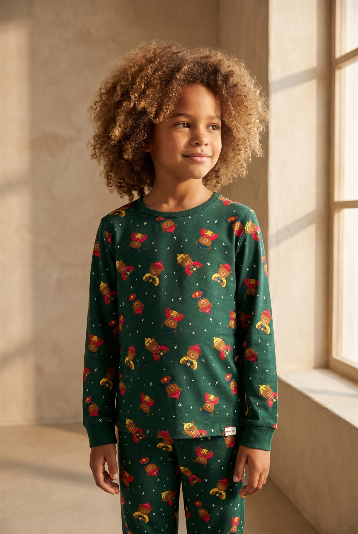 Çocuk Teddy Desenli Kutulu Yılbaşı Pijama Takımı Yeşil