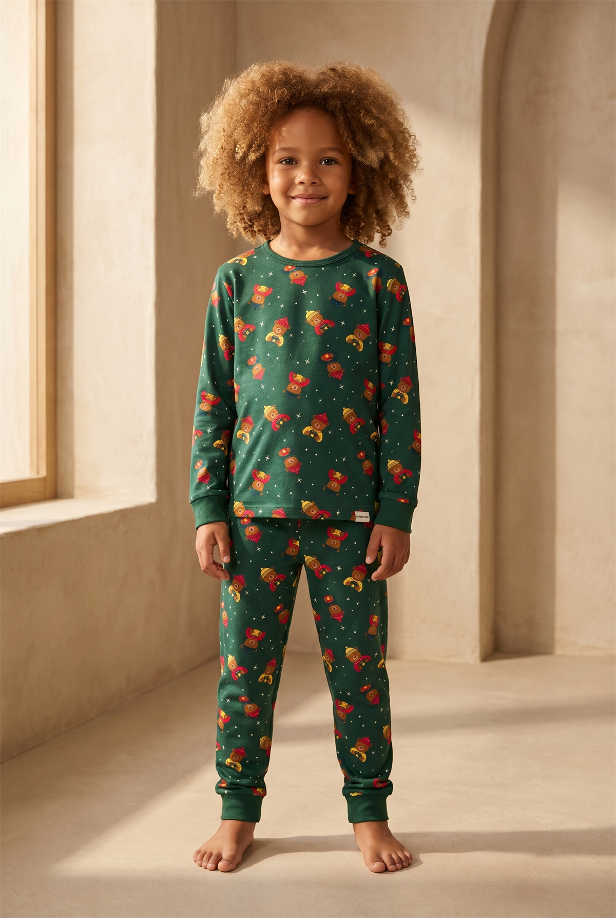 Çocuk Teddy Desenli Kutulu Yılbaşı Pijama Takımı Yeşil
