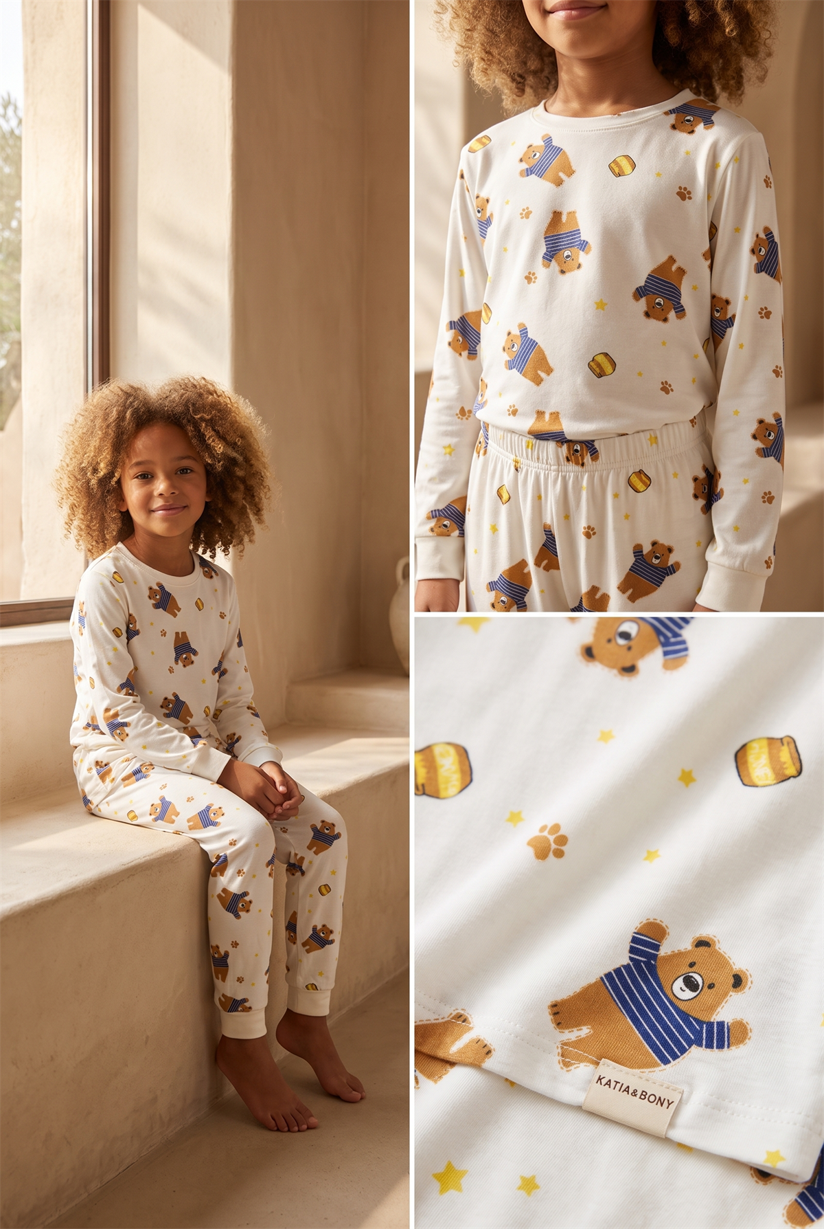 Çocuk Teddy Desenli Paketli Pijama Takımı Ekru