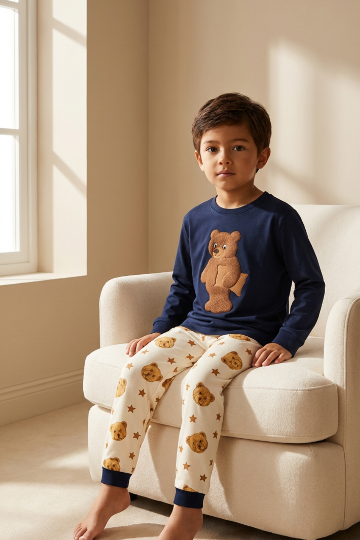 Çocuk Uykucu Teddy Desenli Kutulu Pijama Takımı Lacivert