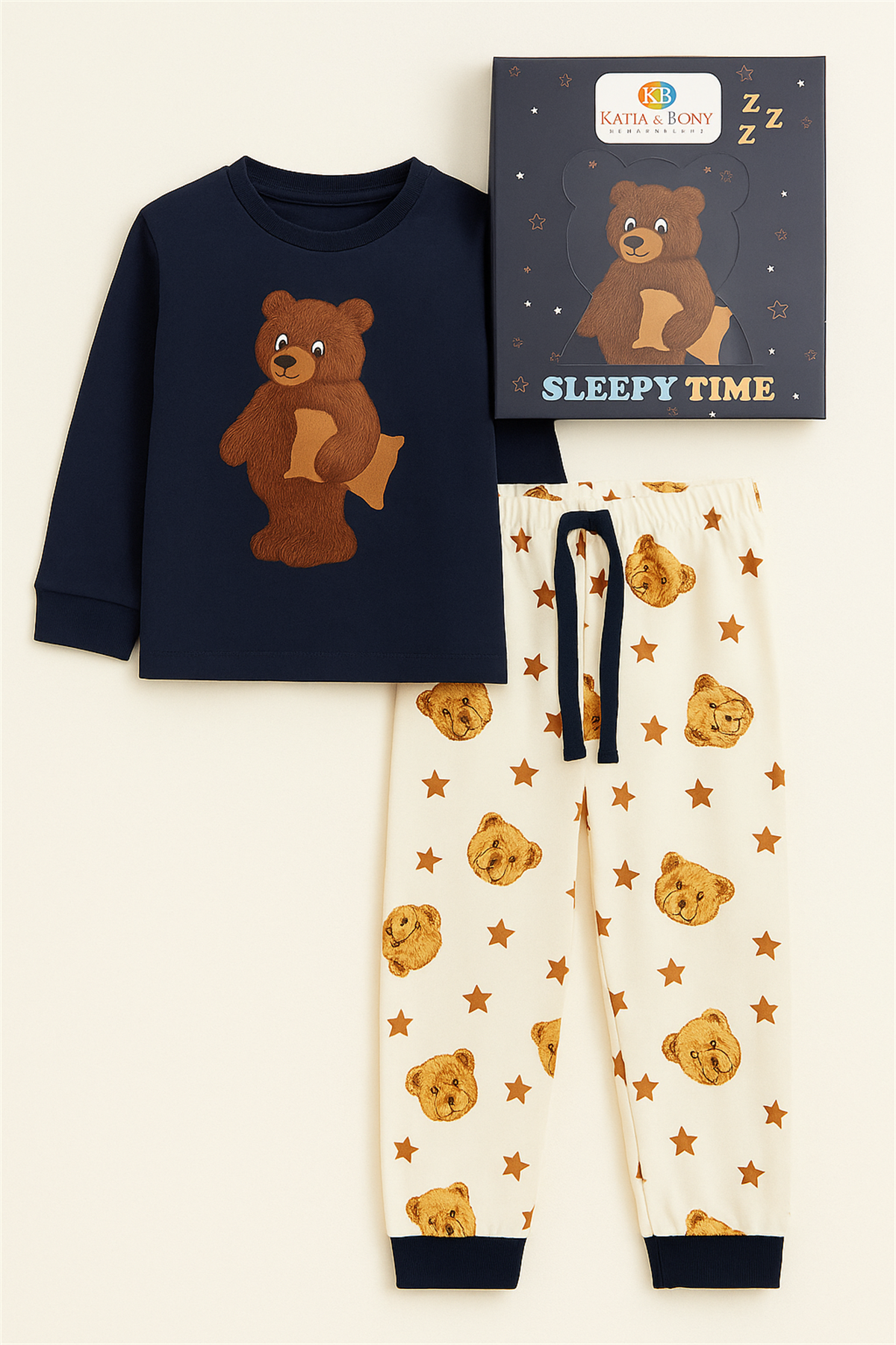 Çocuk Uykucu Teddy Desenli Kutulu Pijama Takımı Lacivert