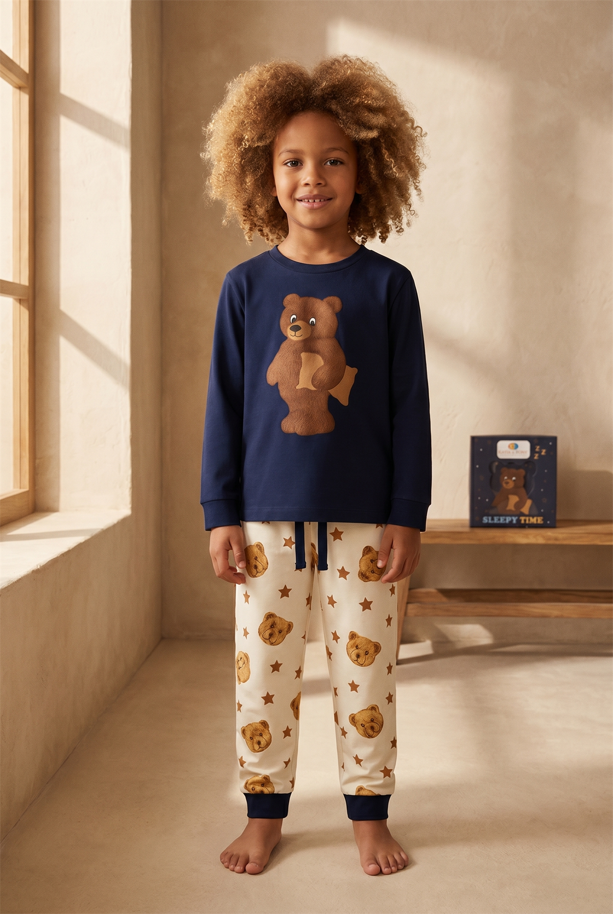Çocuk Uykucu Teddy Desenli Kutulu Pijama Takımı Lacivert