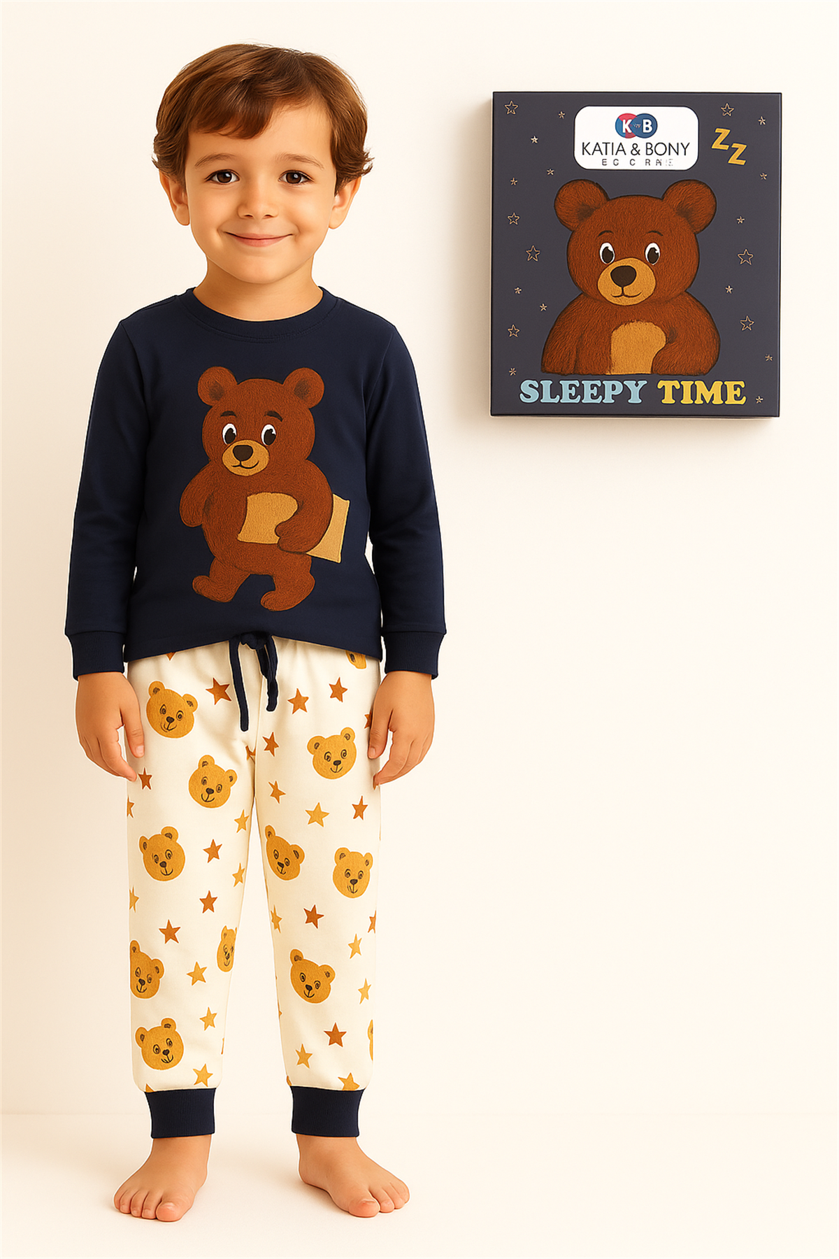 Çocuk Uykucu Teddy Desenli Kutulu Pijama Takımı Lacivert