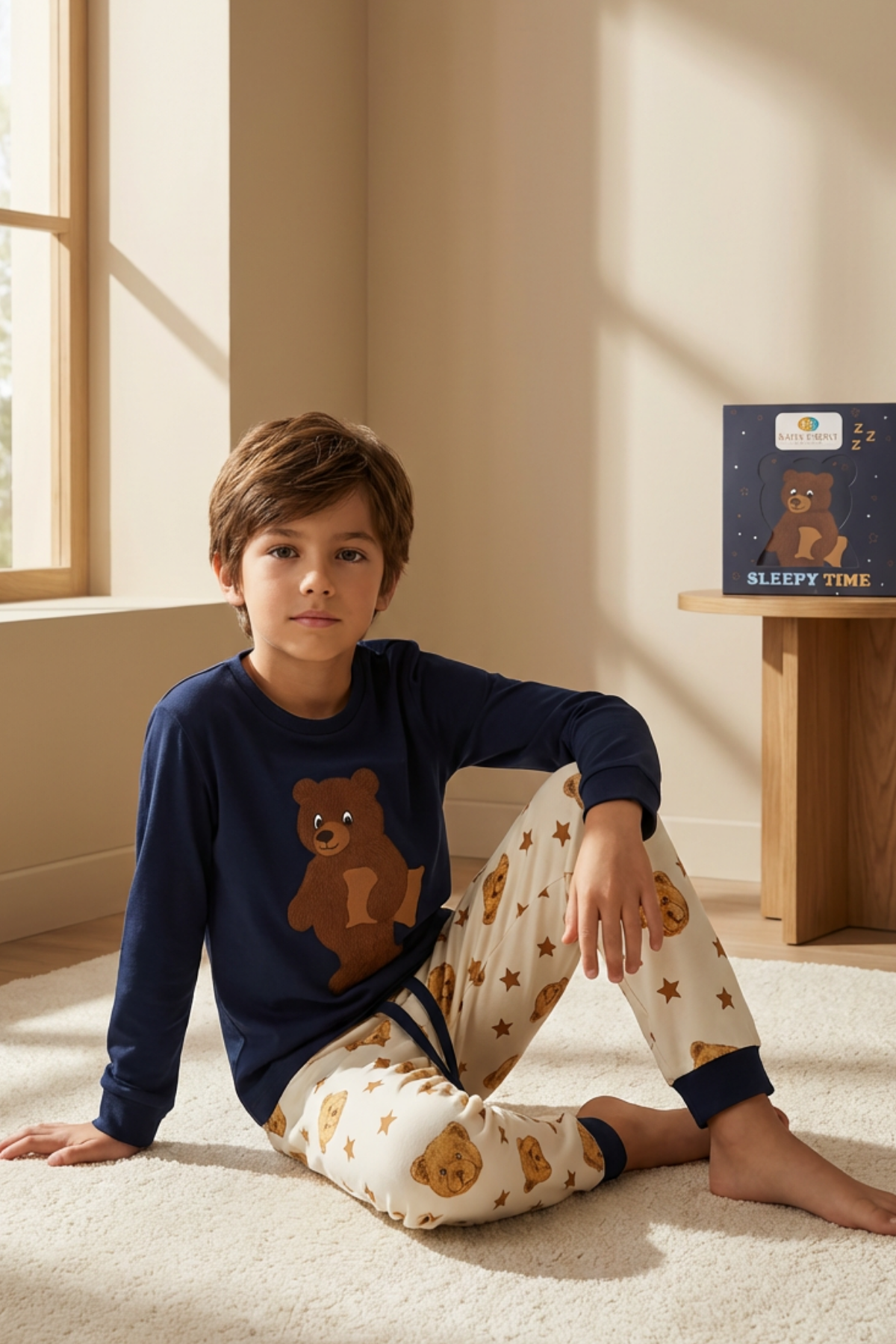 Çocuk Uykucu Teddy Desenli Kutulu Pijama Takımı Lacivert