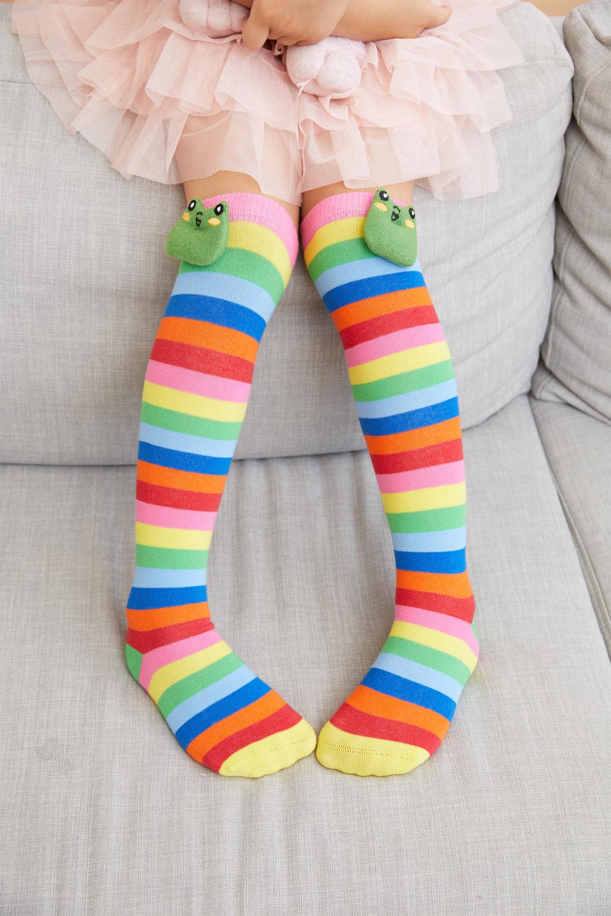Colored Frog Girls Knee-High Socks with Pattern