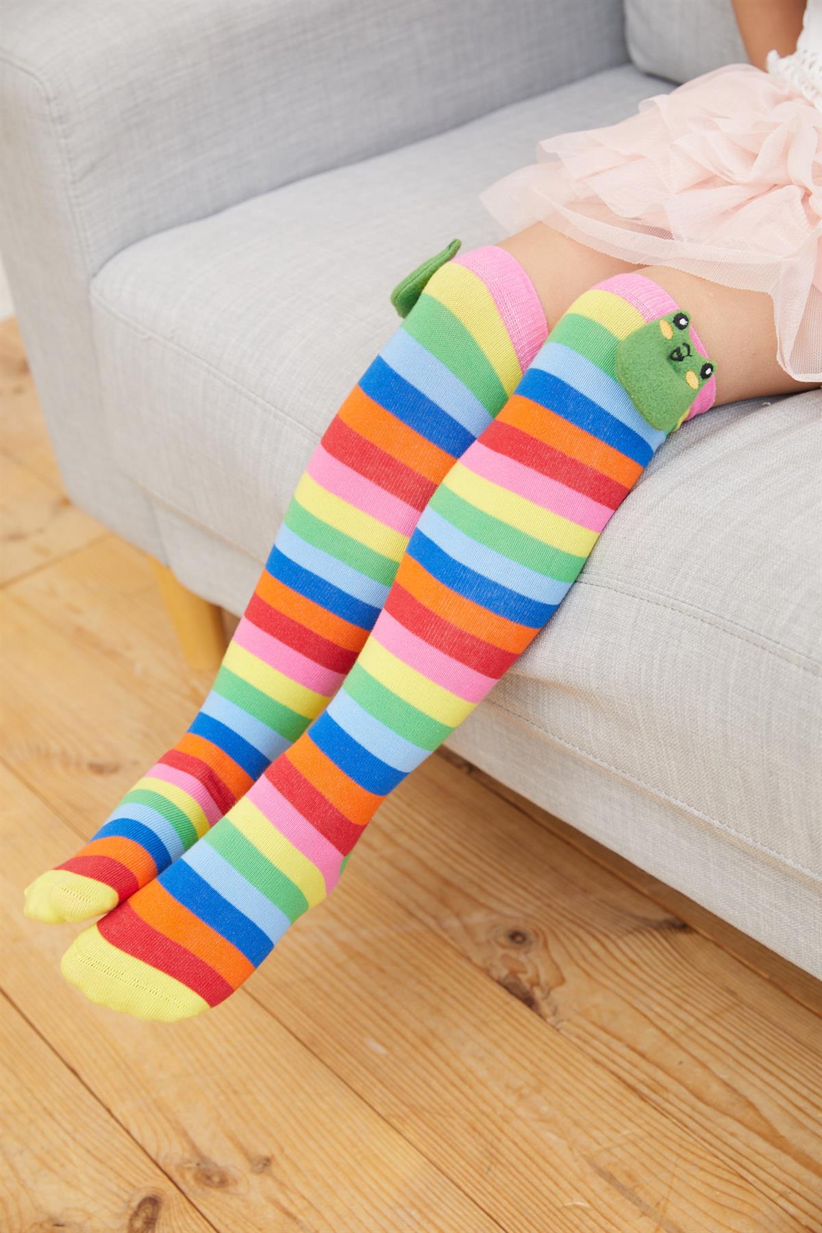 Colored Frog Girls Knee-High Socks with Pattern