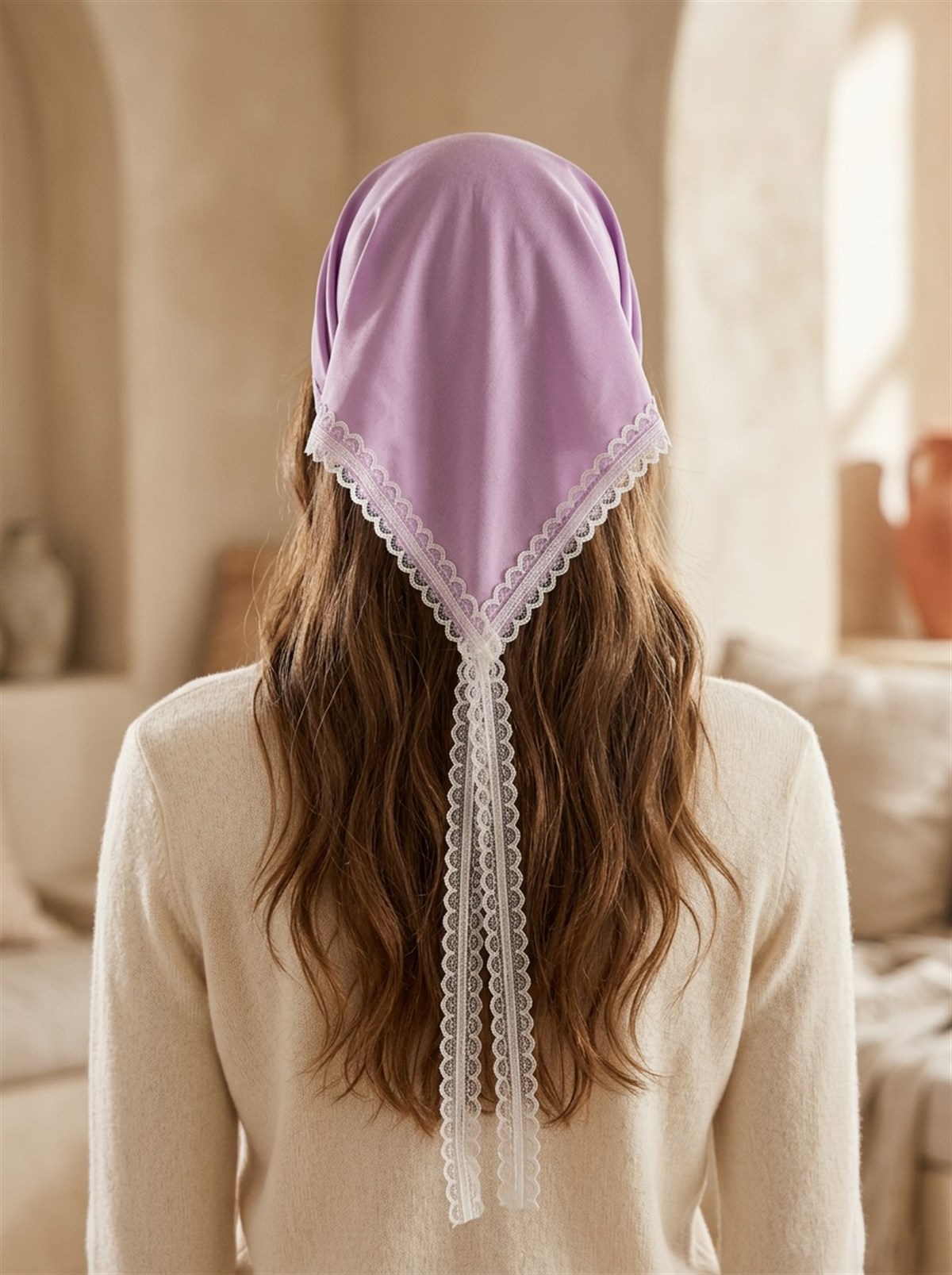 Dantel Detaylı Taç Şeklinde Bandana Lila