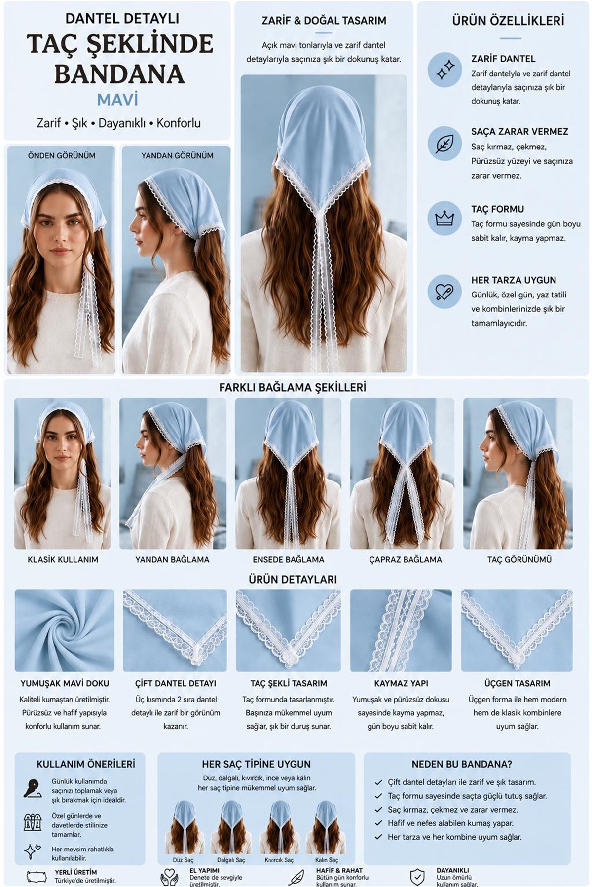 Dantel Detaylı Taç Şeklinde Bandana Mavi