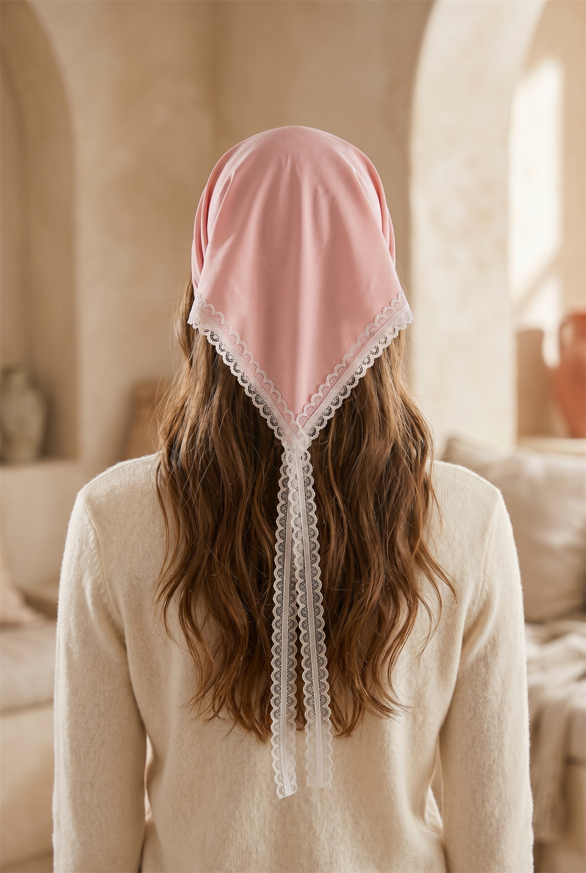 Dantel Detaylı Taç Şeklinde Bandana Pembe
