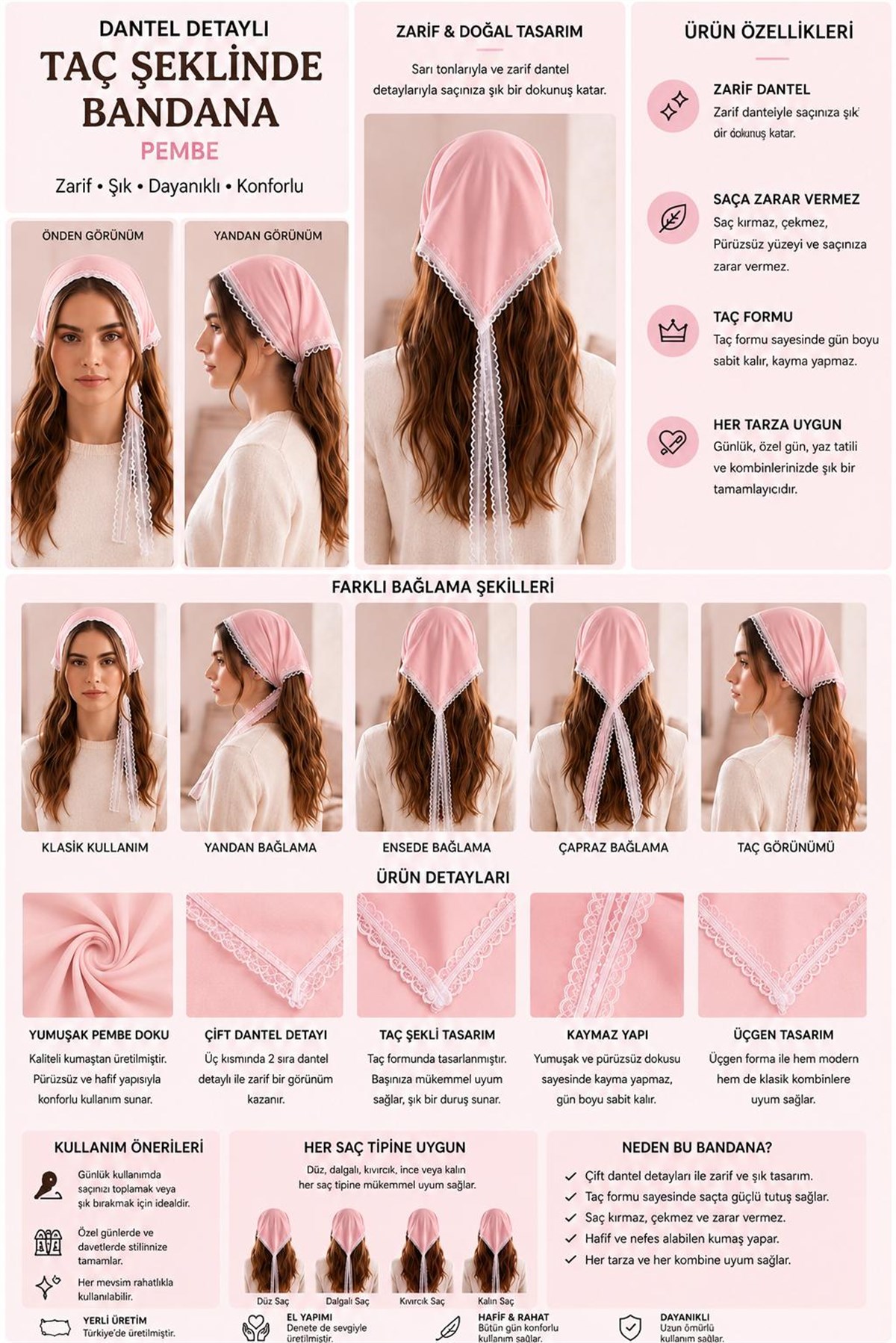 Dantel Detaylı Taç Şeklinde Bandana Pembe