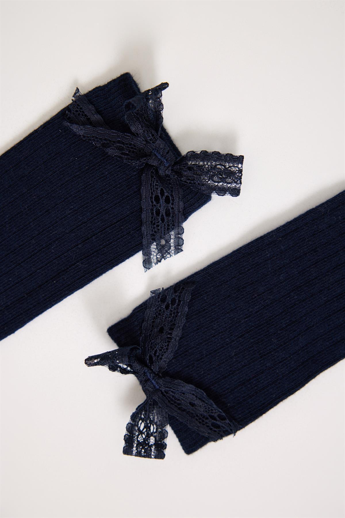 Lace Bow Detail Below Knee Kids Basic Socks Navy Blue