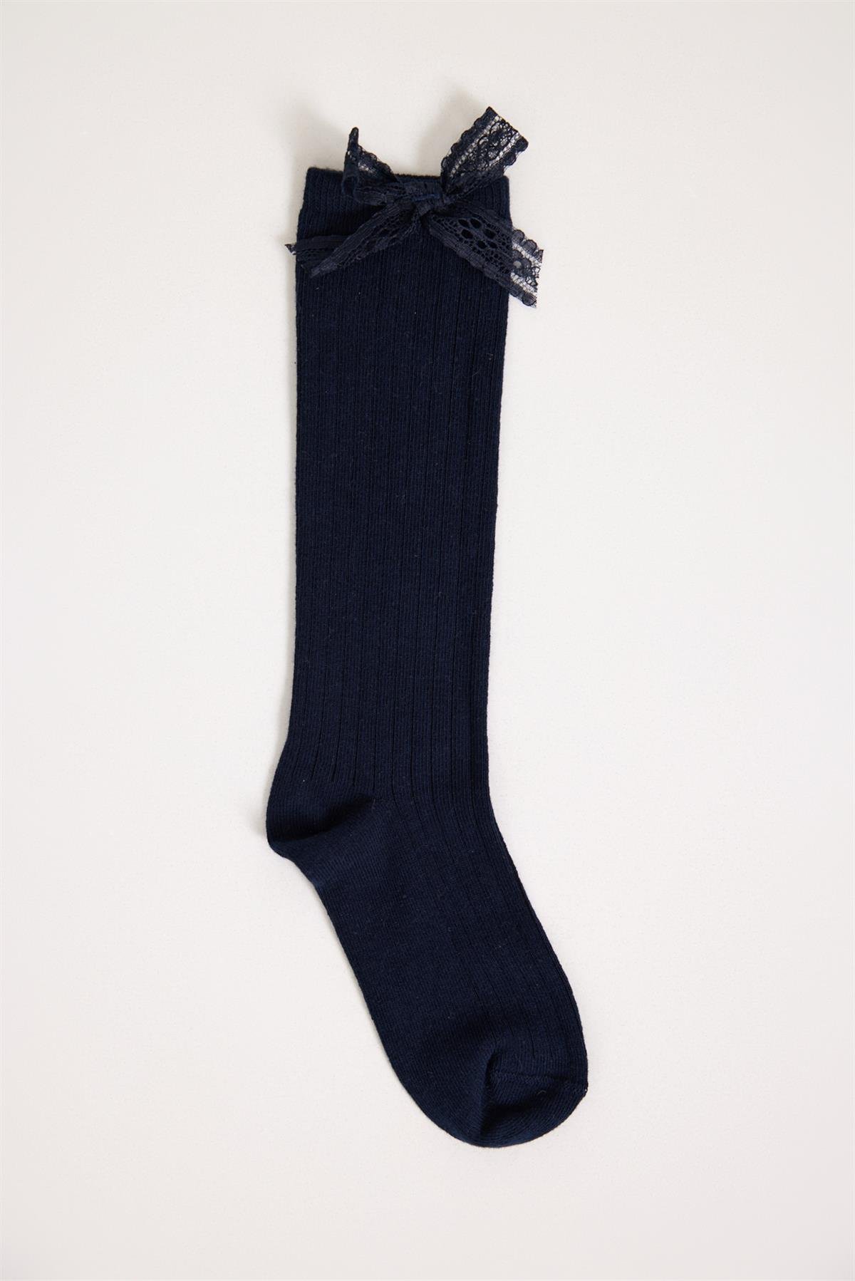 Lace Bow Detail Below Knee Kids Basic Socks Navy Blue