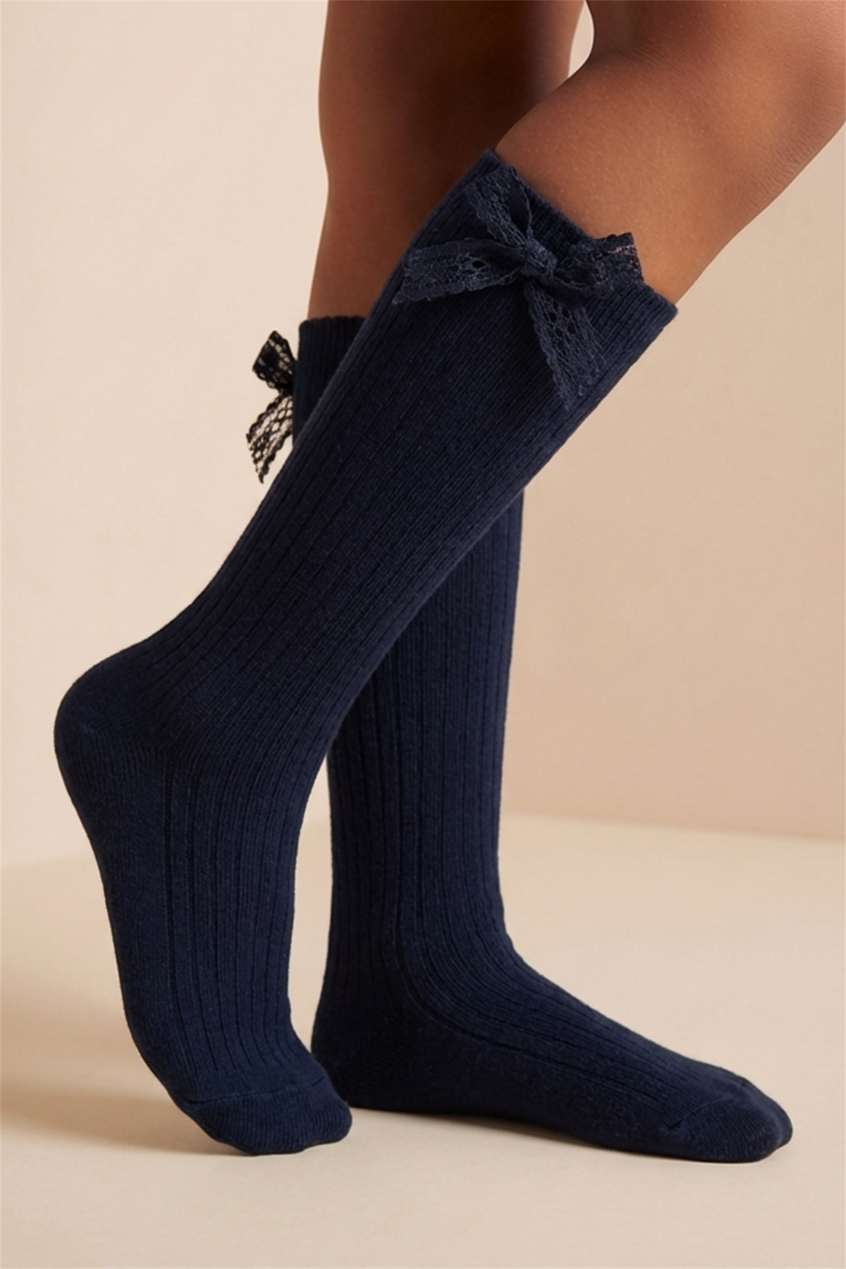 Lace Bow Detail Below Knee Kids Basic Socks Navy Blue