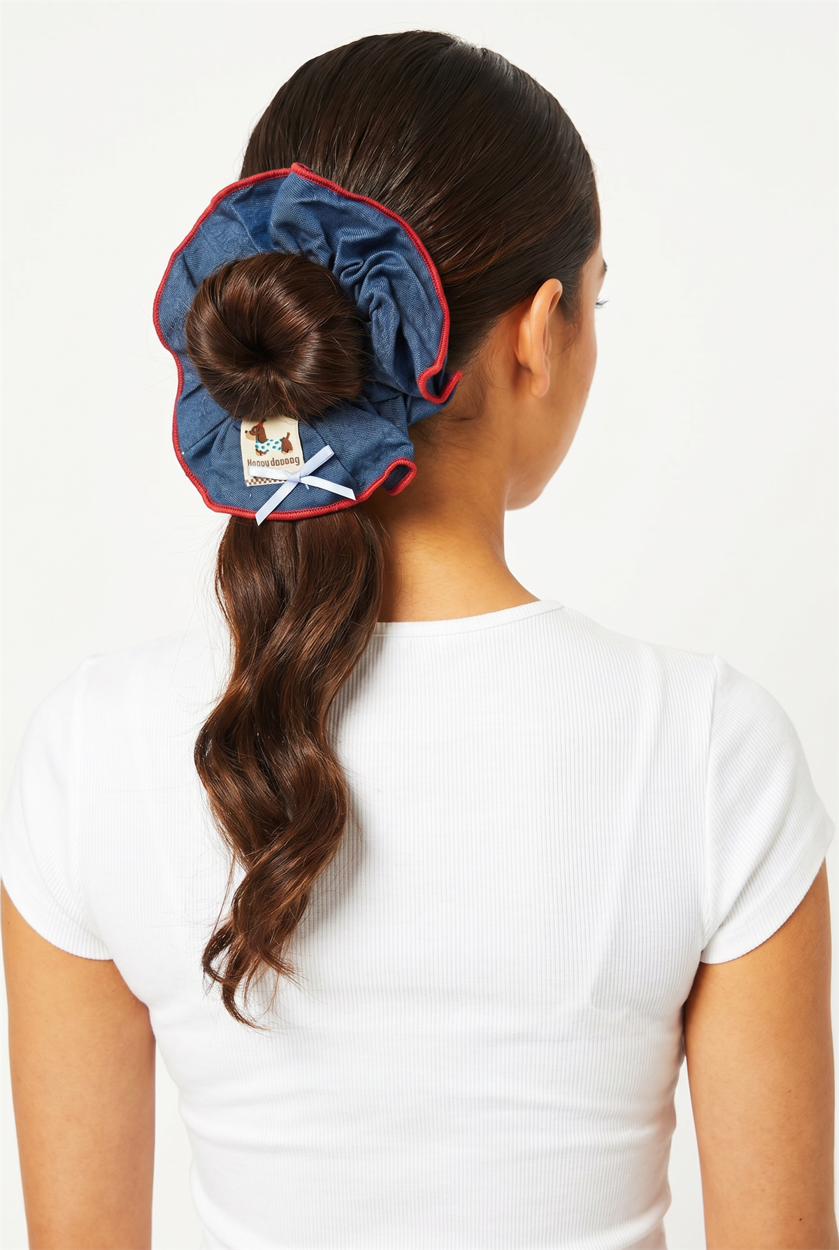 Denim Görünümlü Köpek Etiketli Fırfırlı Koyu Mavi Scrunchie Saç Tokası