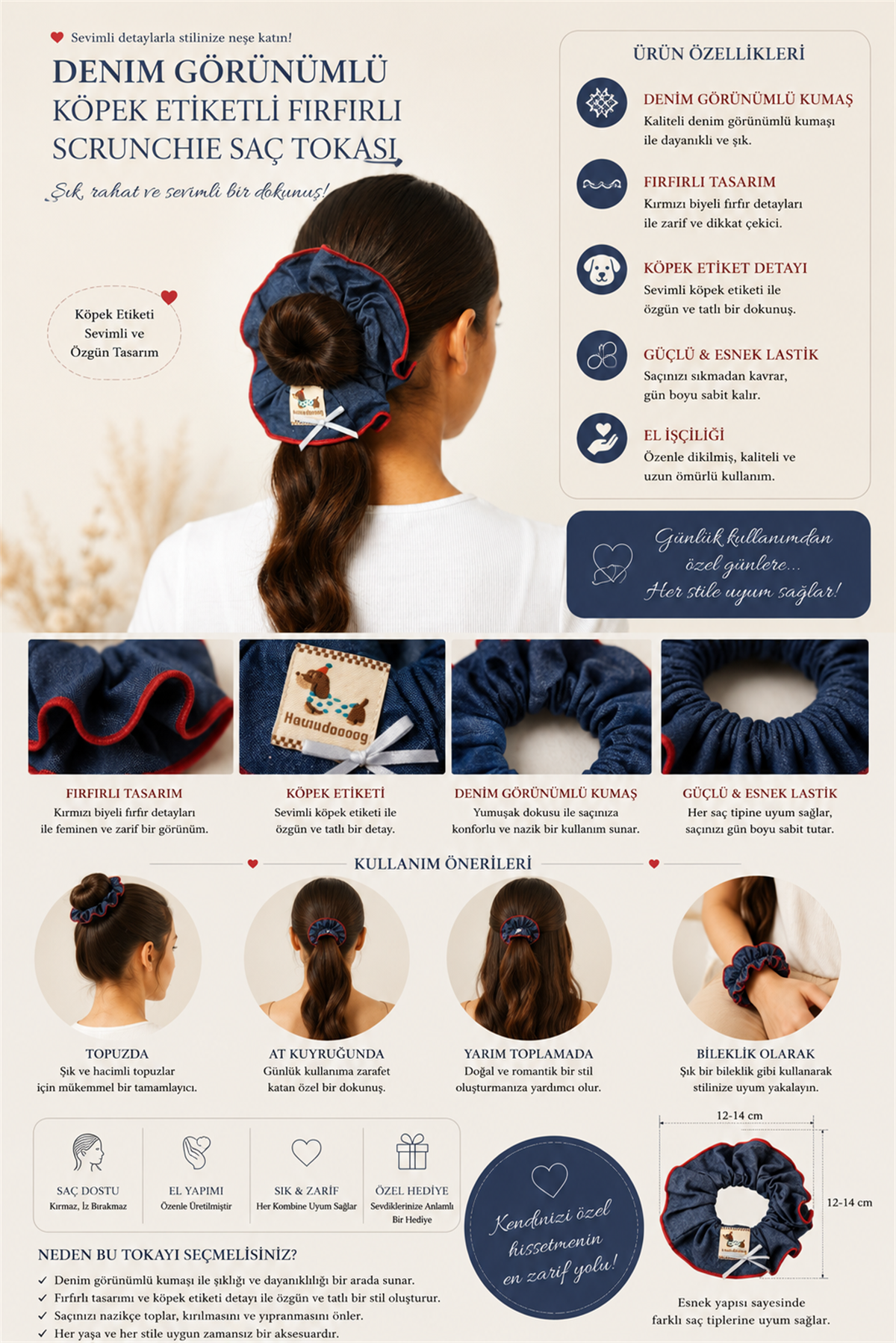 Denim Görünümlü Köpek Etiketli Fırfırlı Koyu Mavi Scrunchie Saç Tokası