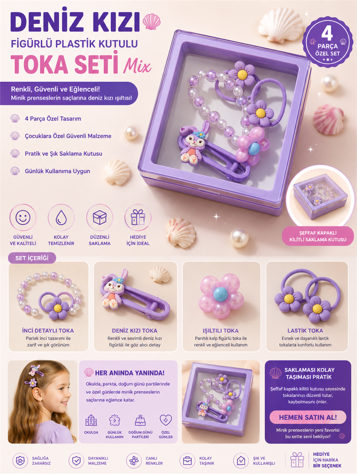 22505G2152 DENİZ KIZI PLASTİK KUTULU TOKA SETİ LİLA MIX
