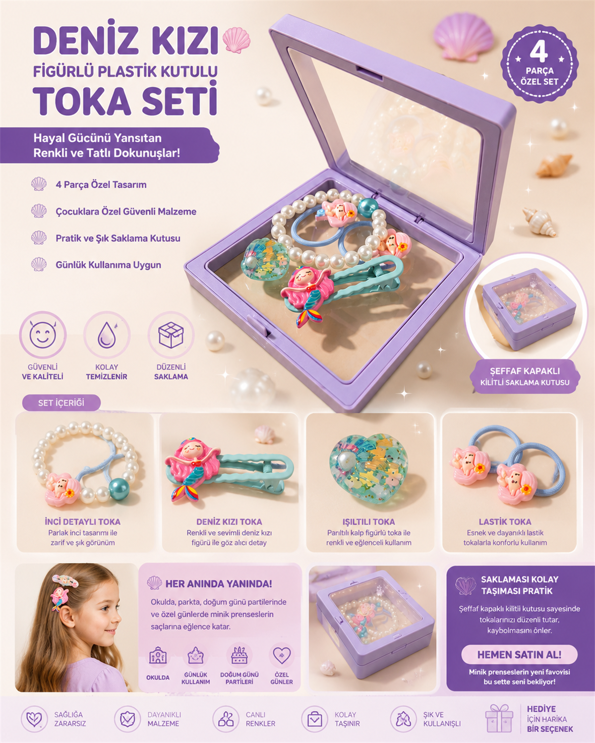 22505G2152 DENİZ KIZI PLASTİK KUTULU TOKA SETİ LILAC