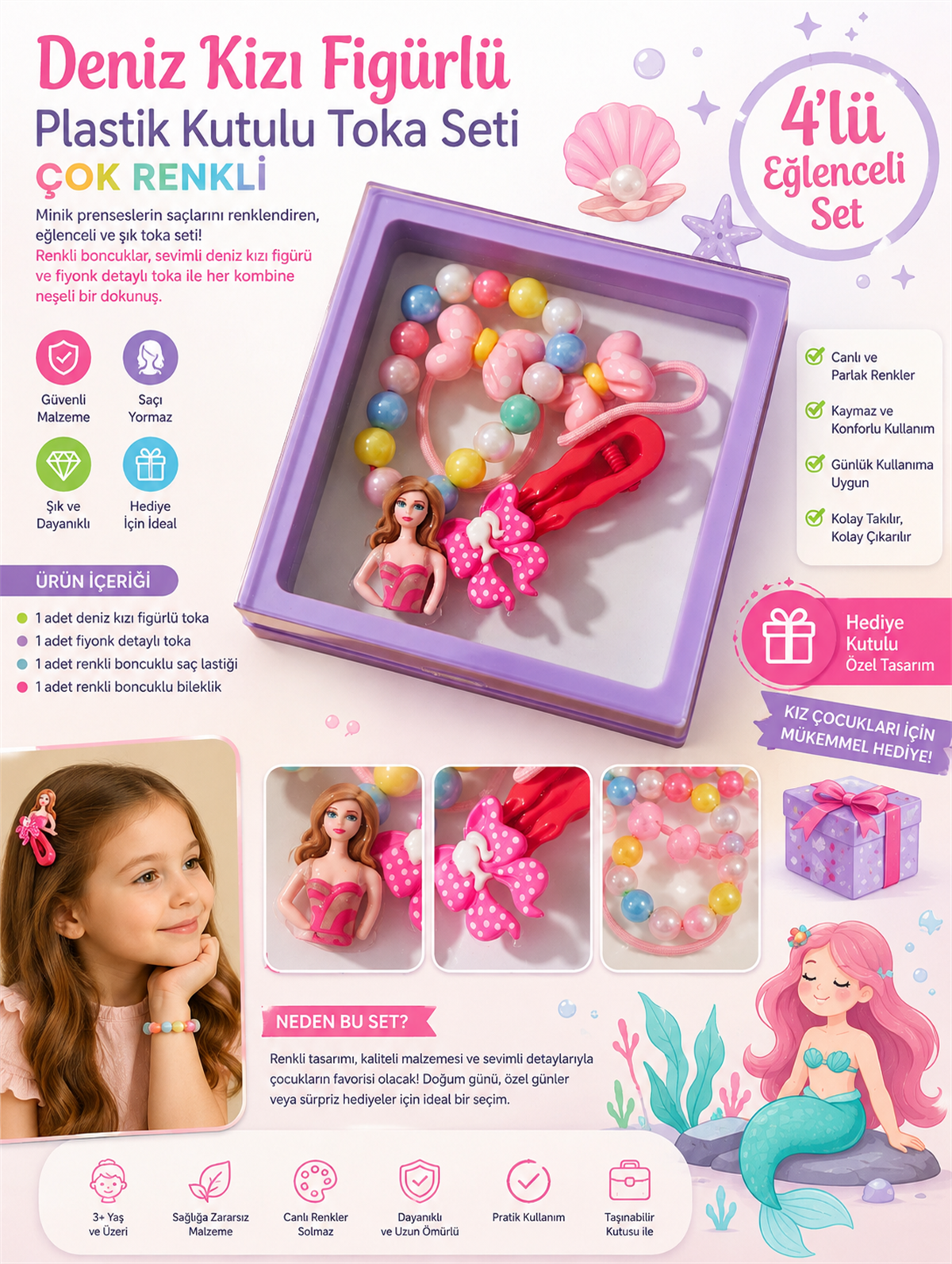 22505G2152 DENİZ KIZI PLASTİK KUTULU TOKA SETİ ÇOK RENKLİ