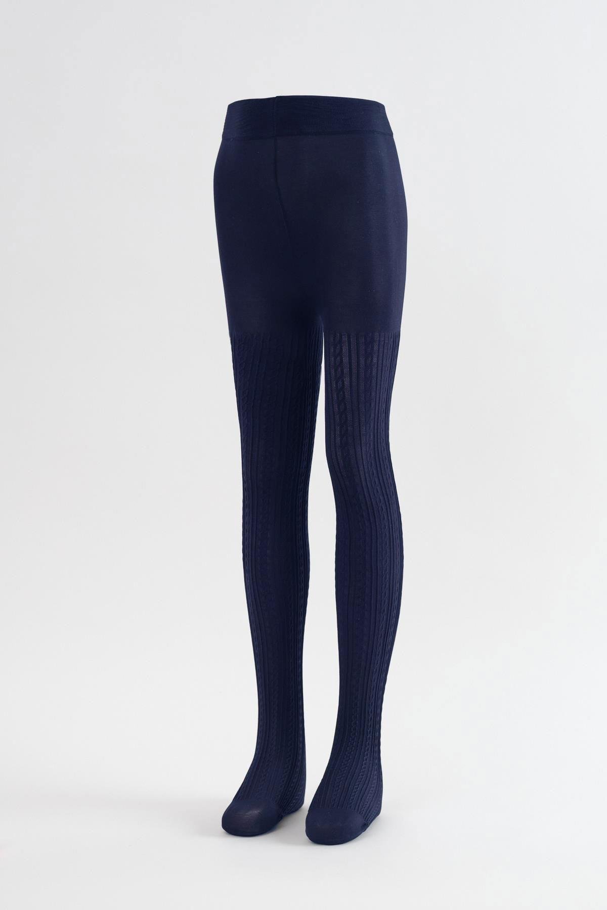 Patterned Childrens Tights Navy Blue