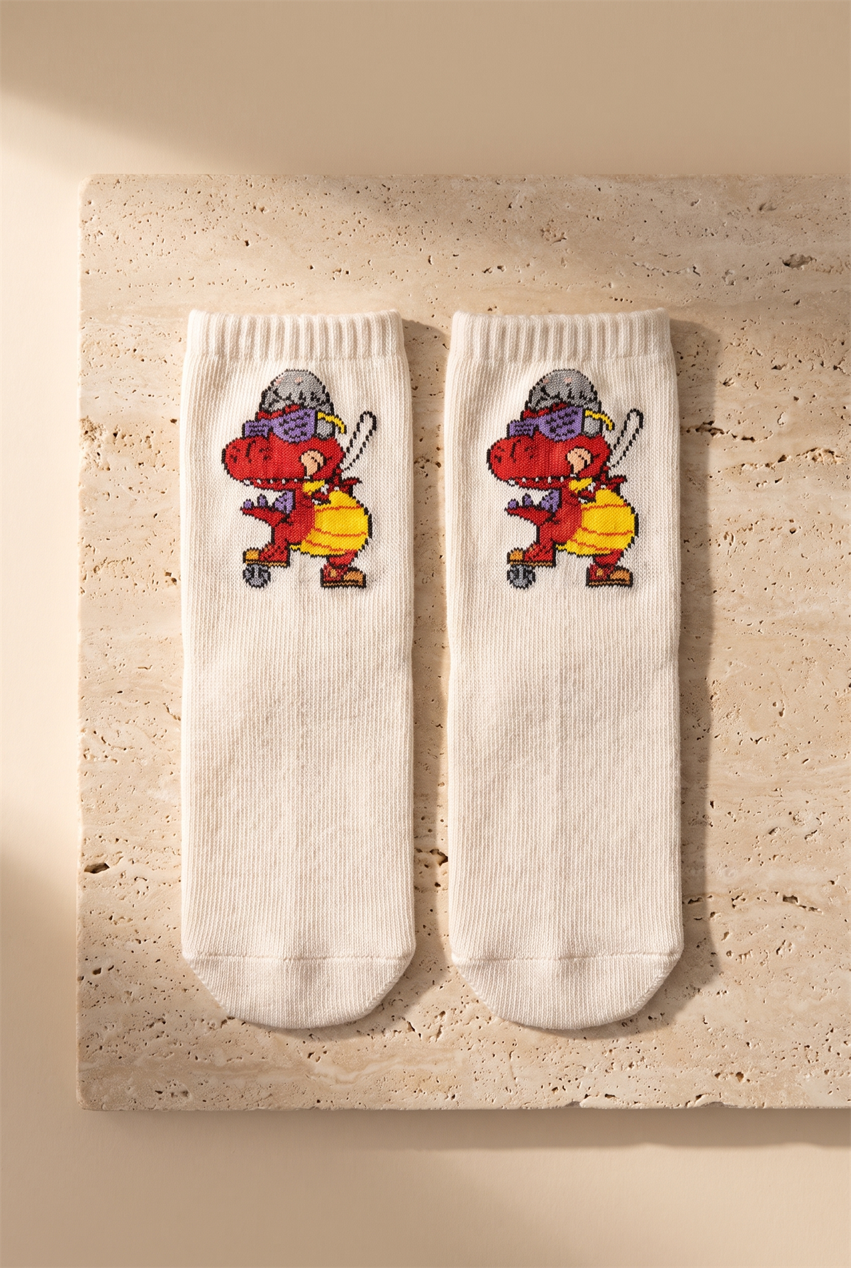 Dinosaur Patterned Ecru Childrens Socks