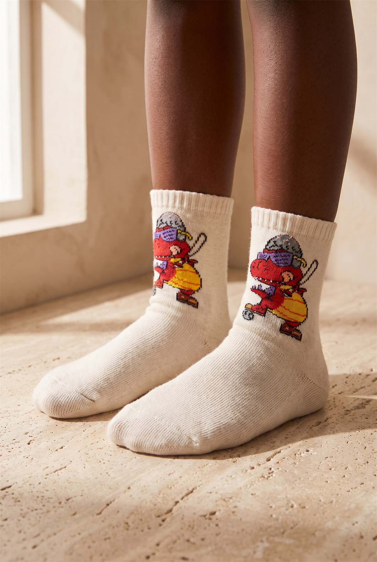 Dinosaur Patterned Ecru Childrens Socks