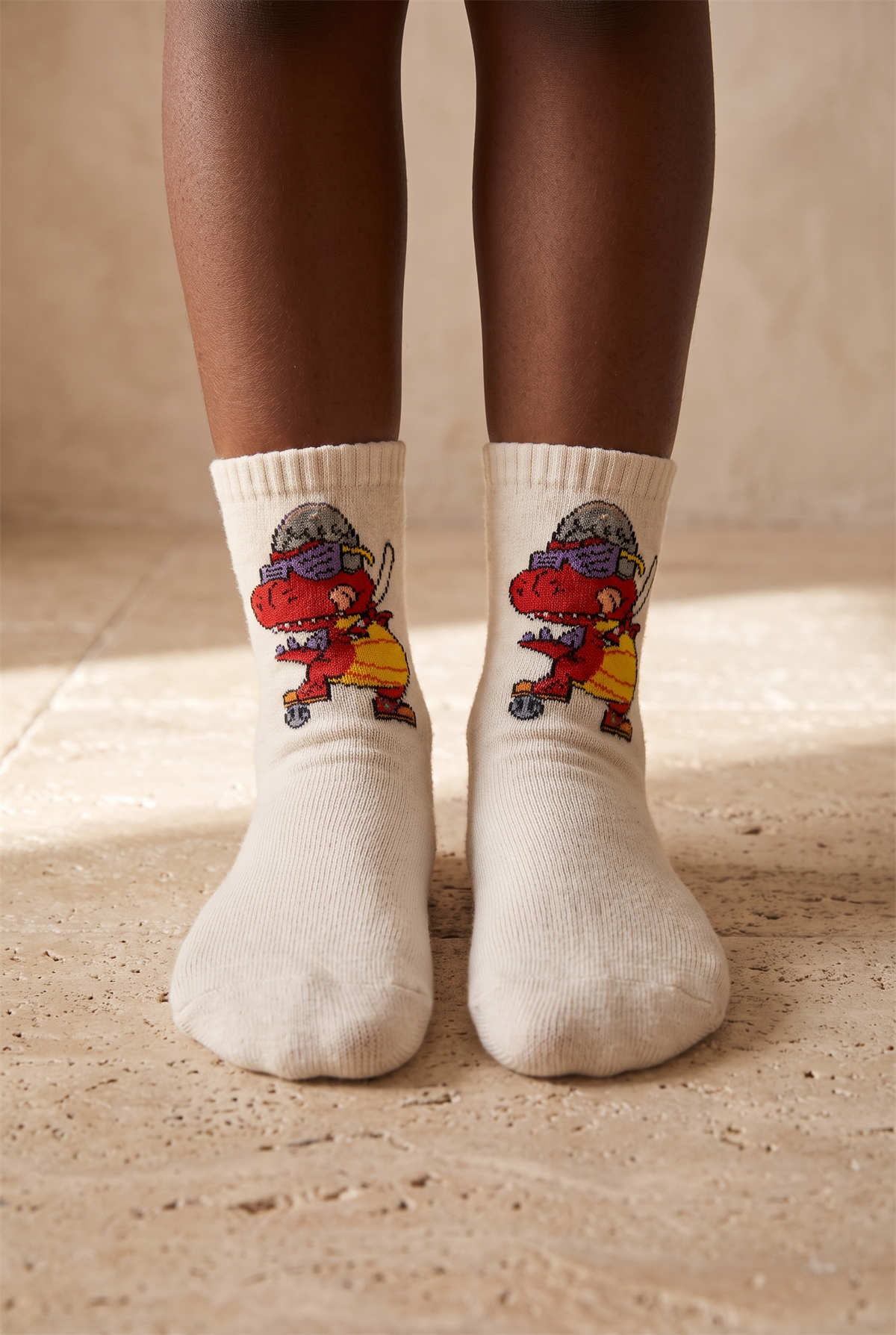 Dinosaur Patterned Ecru Childrens Socks