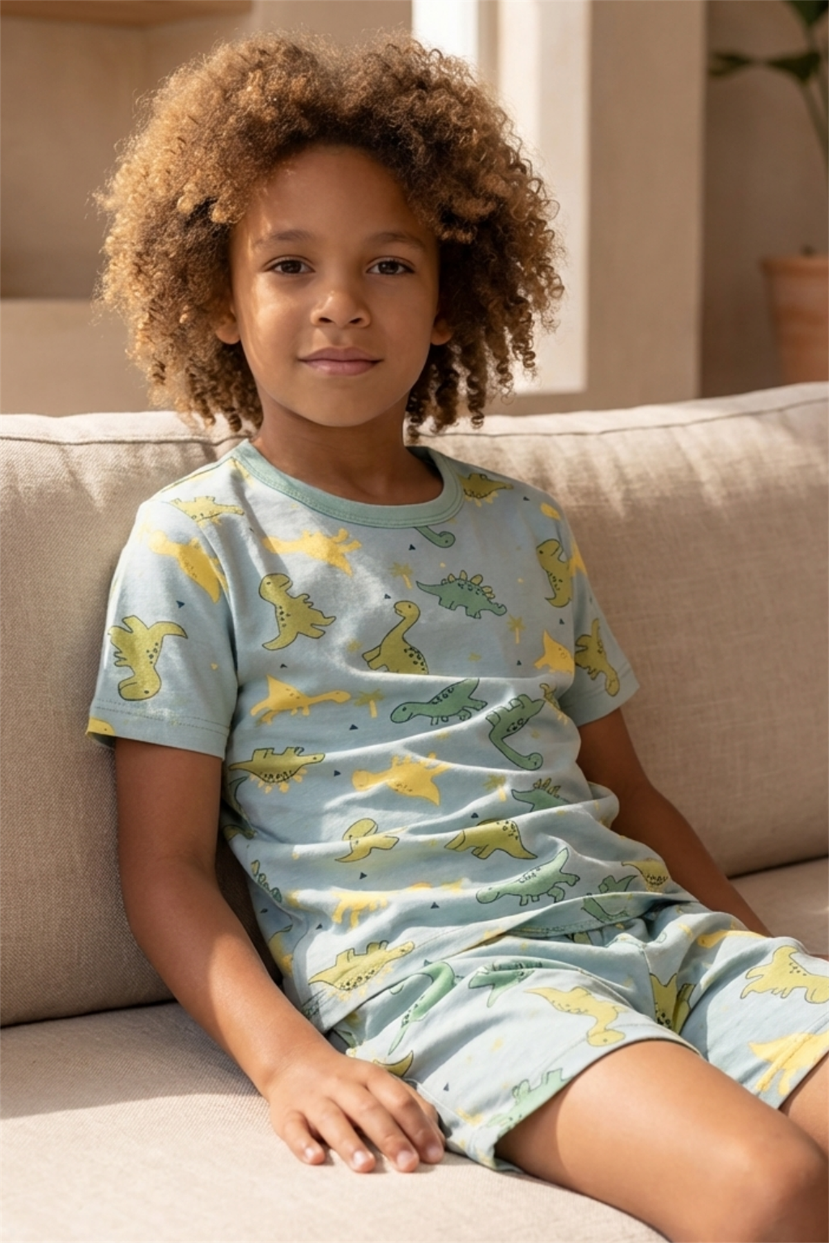 Dinosaur Patterned Packaged Green Boy Shorts Set