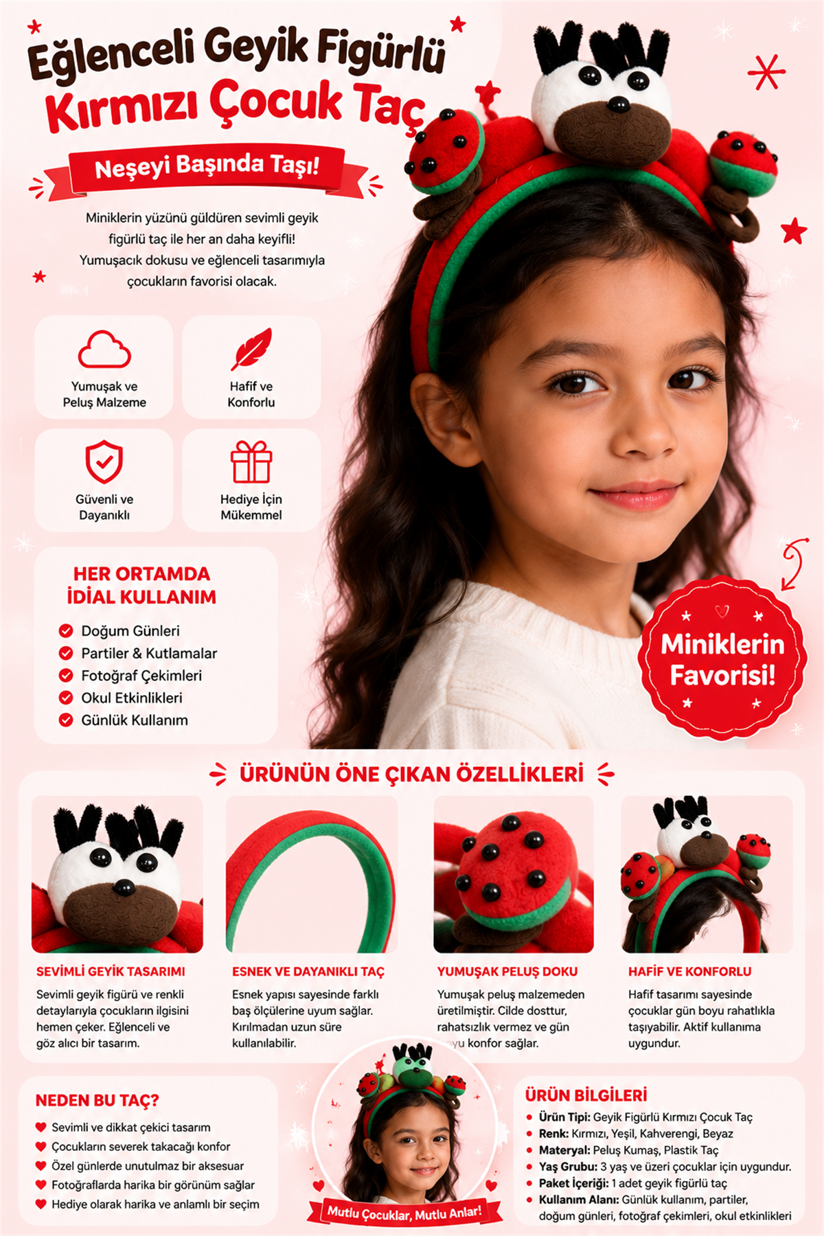 Red Childrens Crown With Fun Deer Figure