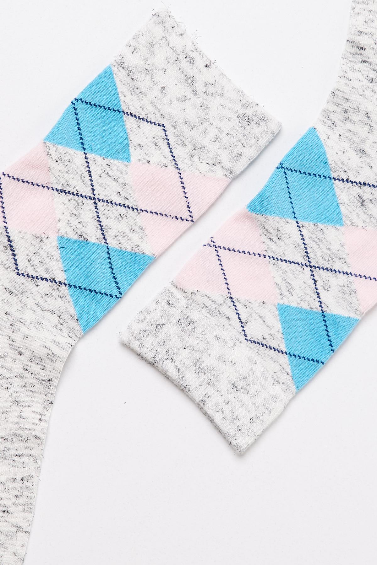 Plaid Patterned Cotton Womens Ankle Socks Gray Melange