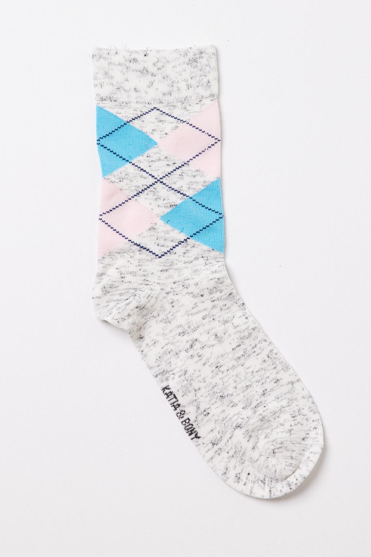 Plaid Patterned Cotton Womens Ankle Socks Gray Melange