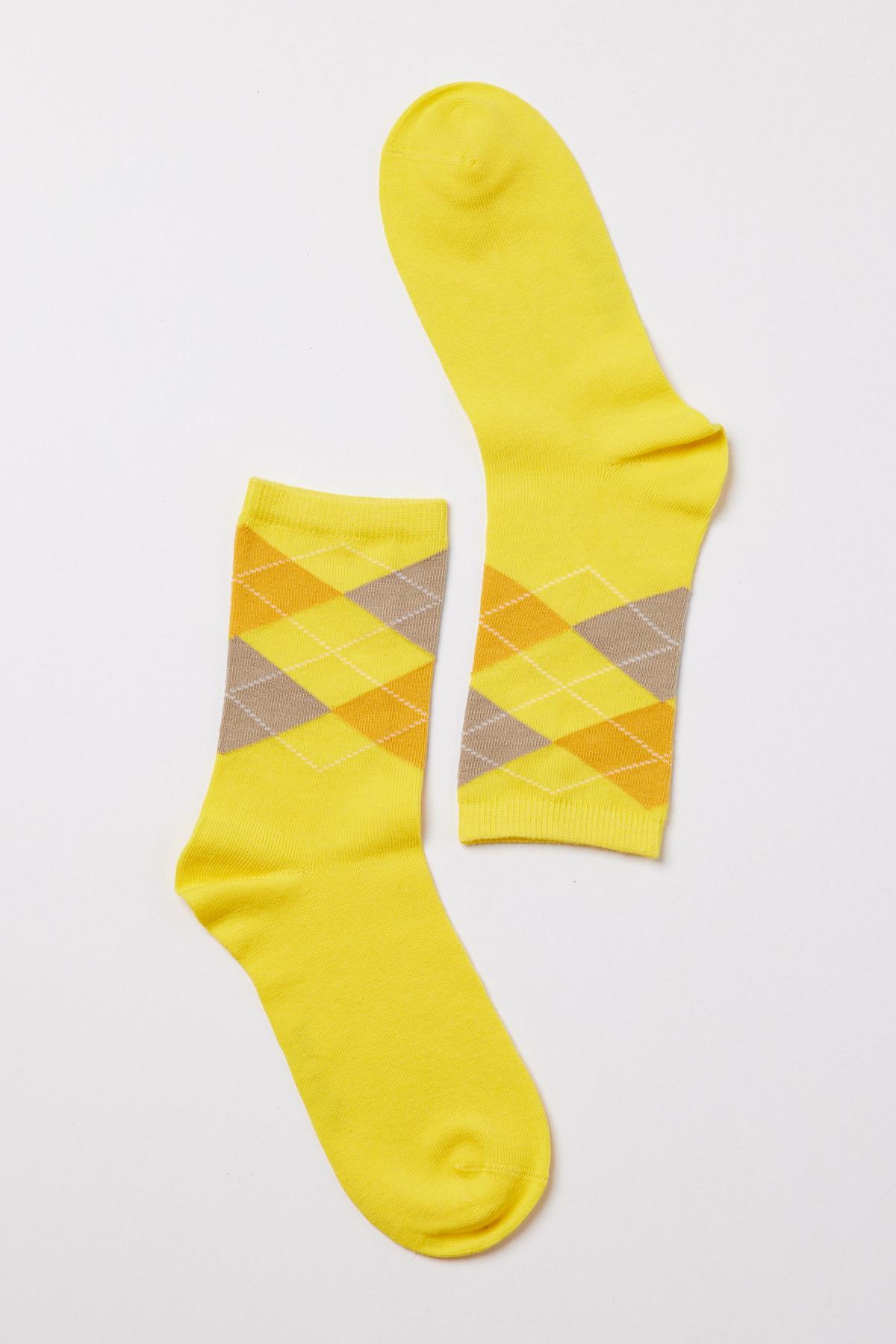Plaid Patterned Cotton Womens Sock Socks Yellow
