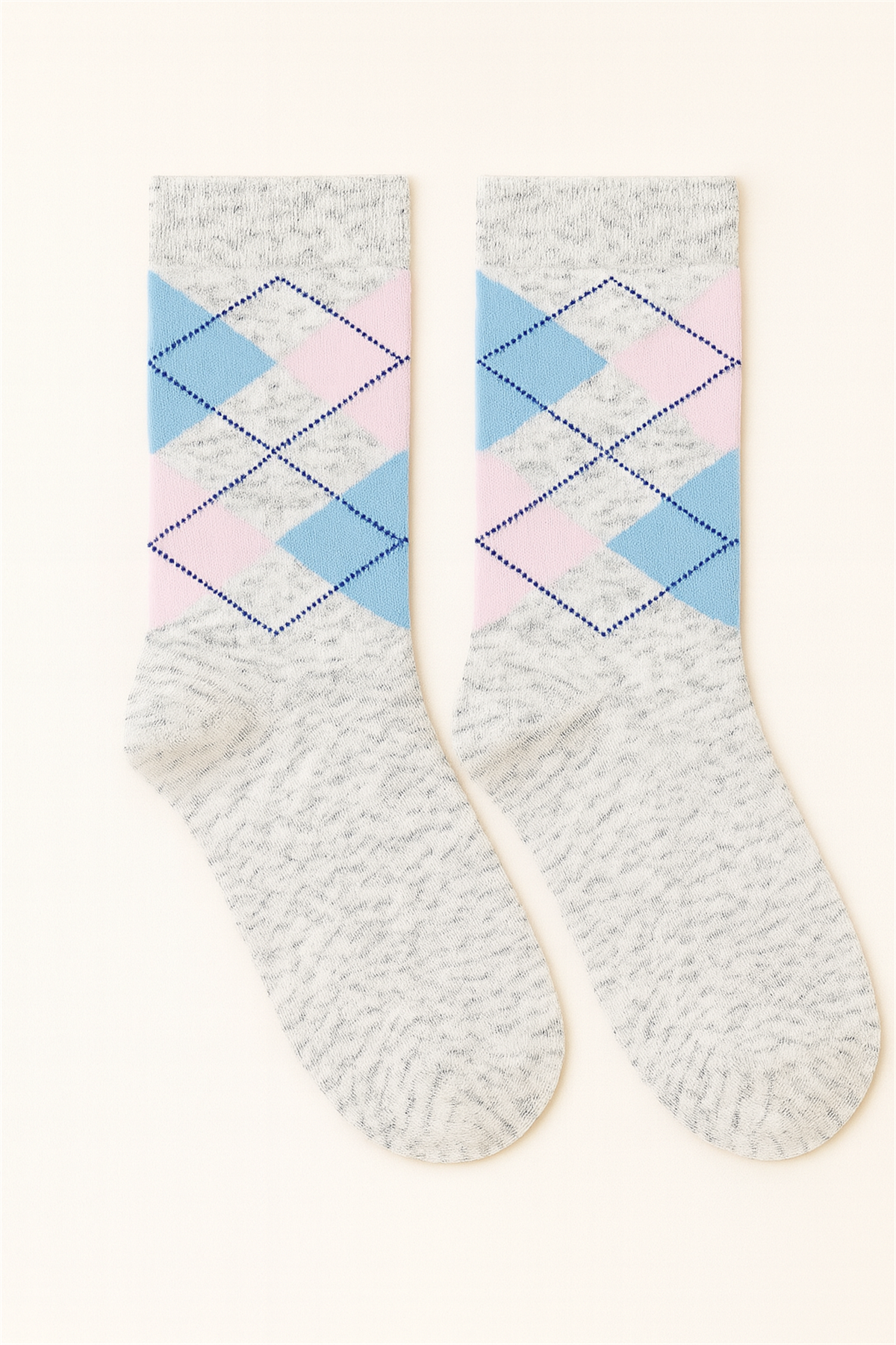 Plaid Patterned Cotton Womens Ankle Socks Gray Melange