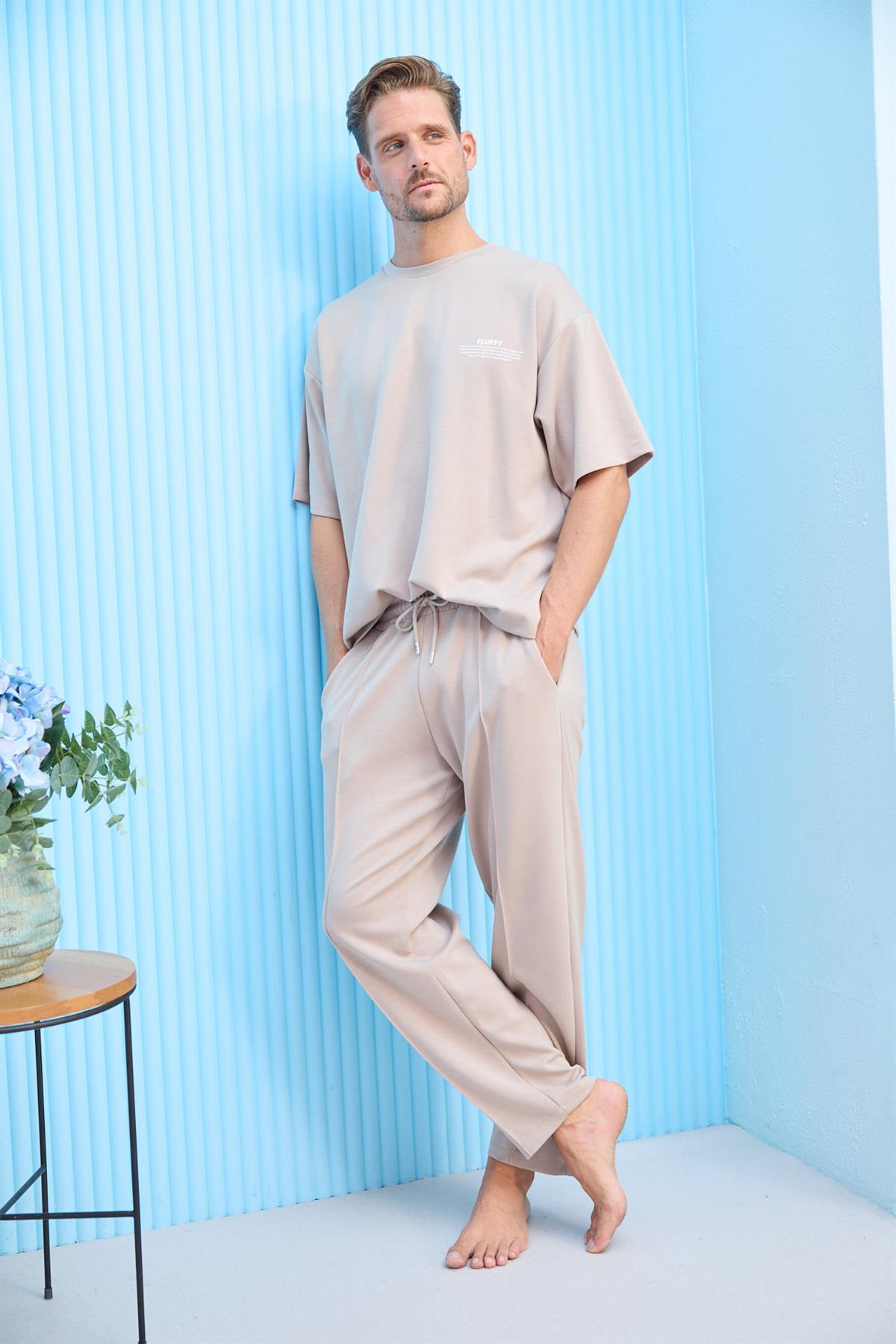 Erkek Bej Renkli Fluffy Baskılı Oversize Tişört