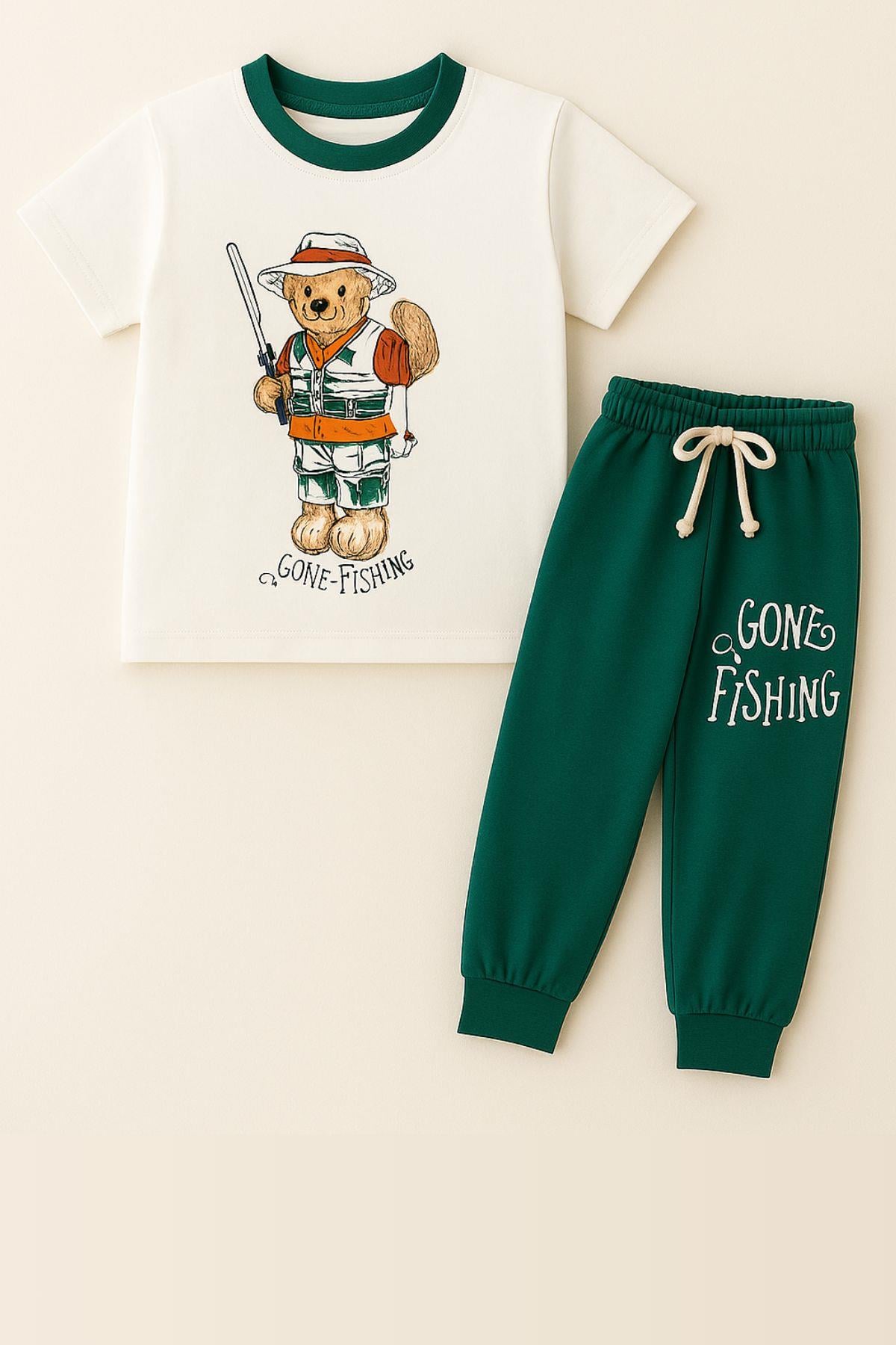 Erkek Çocuk Balıkçı Ayıcık Desenli Kısa Kollu Pijama Takımı