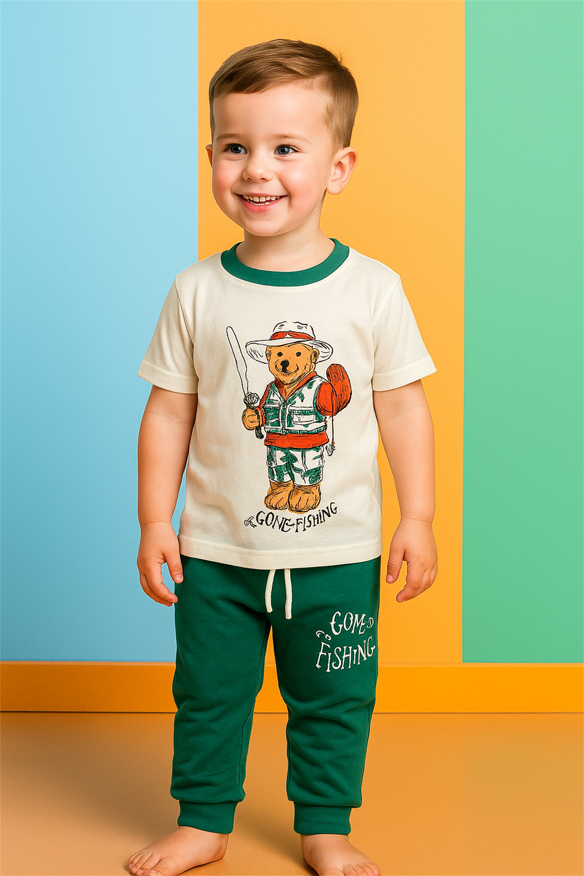 Erkek Çocuk Balıkçı Ayıcık Desenli Kısa Kollu Pijama Takımı