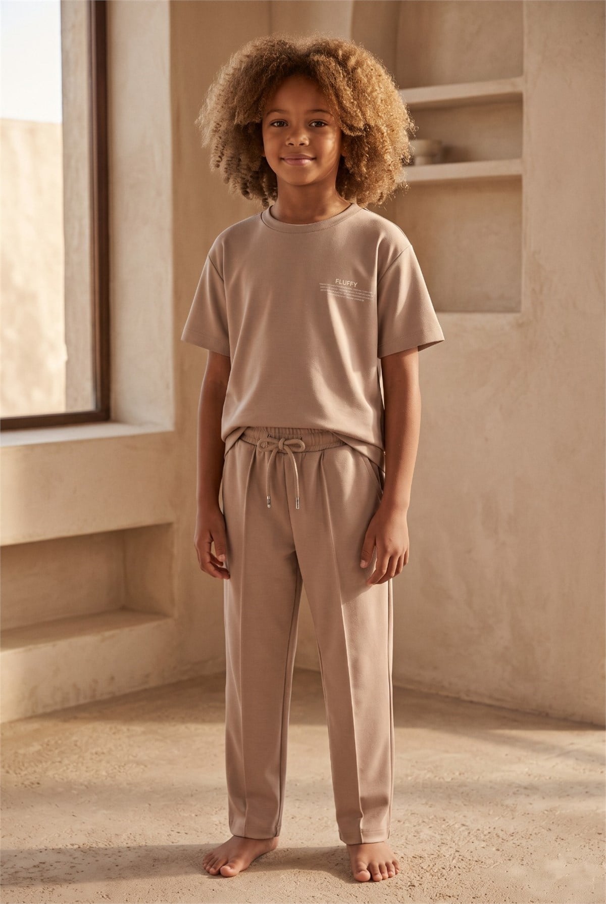 Boys Beige Colored Tie Waist Sweatpants