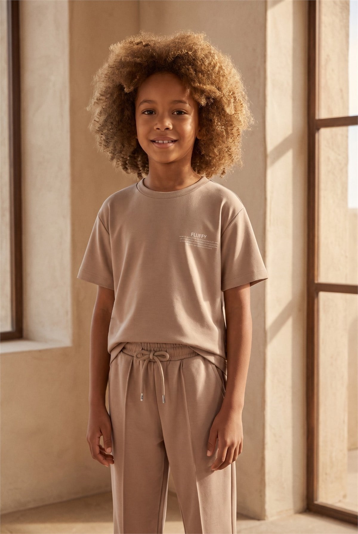Boys Beige Colored Tie Waist Sweatpants
