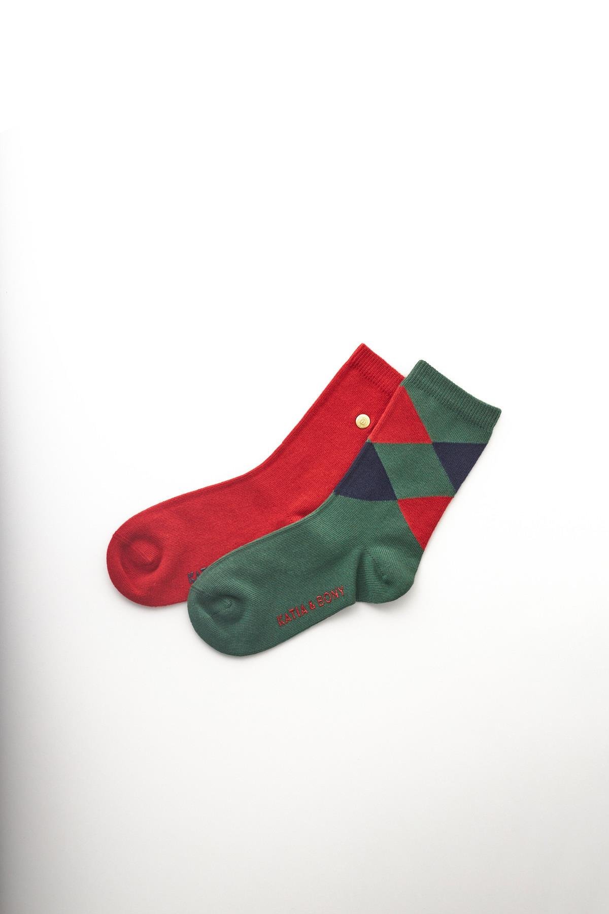 Boys Striped Pattern Stud Detail 2-Pack Socket Socks Green-Maroon