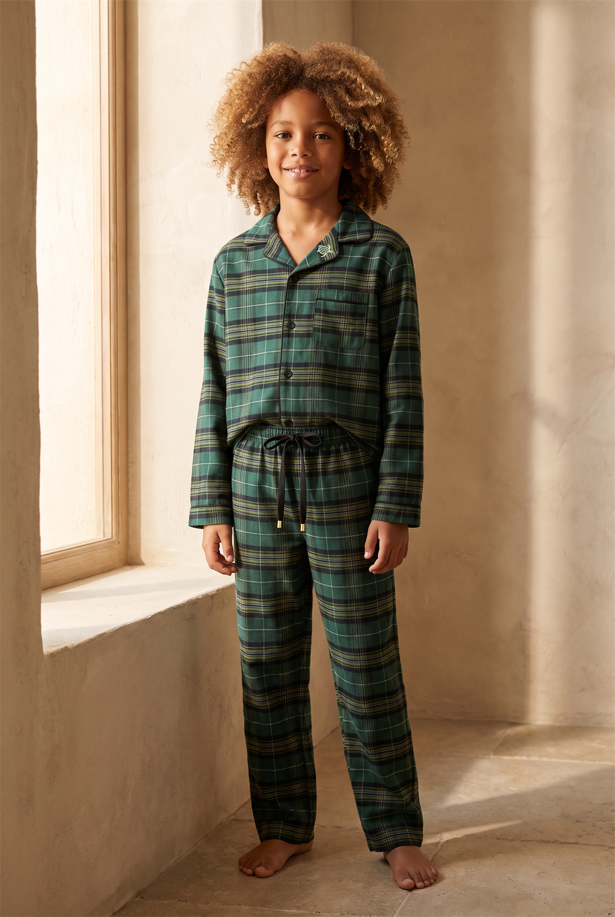 Erkek Çocuk Dear Santa Ekoseli Kaplumbağa Nakışlı Pijama Takımı Yeşil