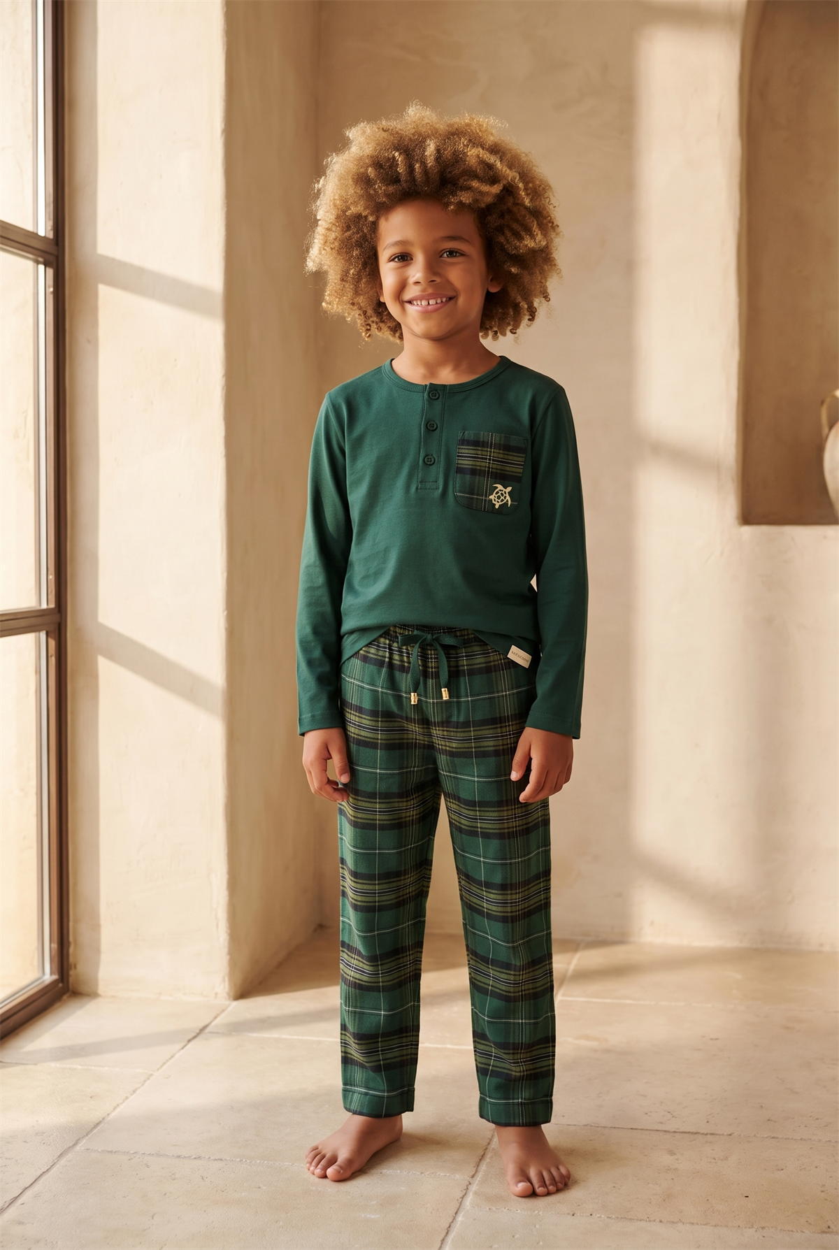 Erkek Çocuk Dear Santa Kaplumbağa Nakışlı Ekoseli Pijama Takımı Yeşil