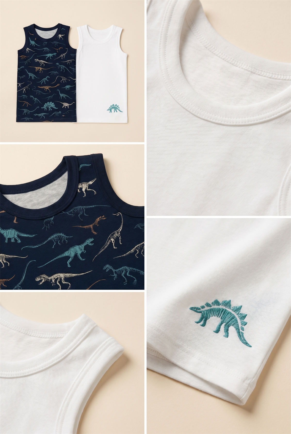 Boys Dinosaur Patterned 2-Pack Tank Tops White/Navy