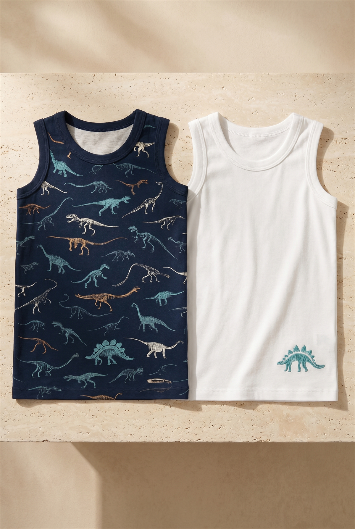 Boys Dinosaur Patterned 2-Pack Tank Tops White/Navy