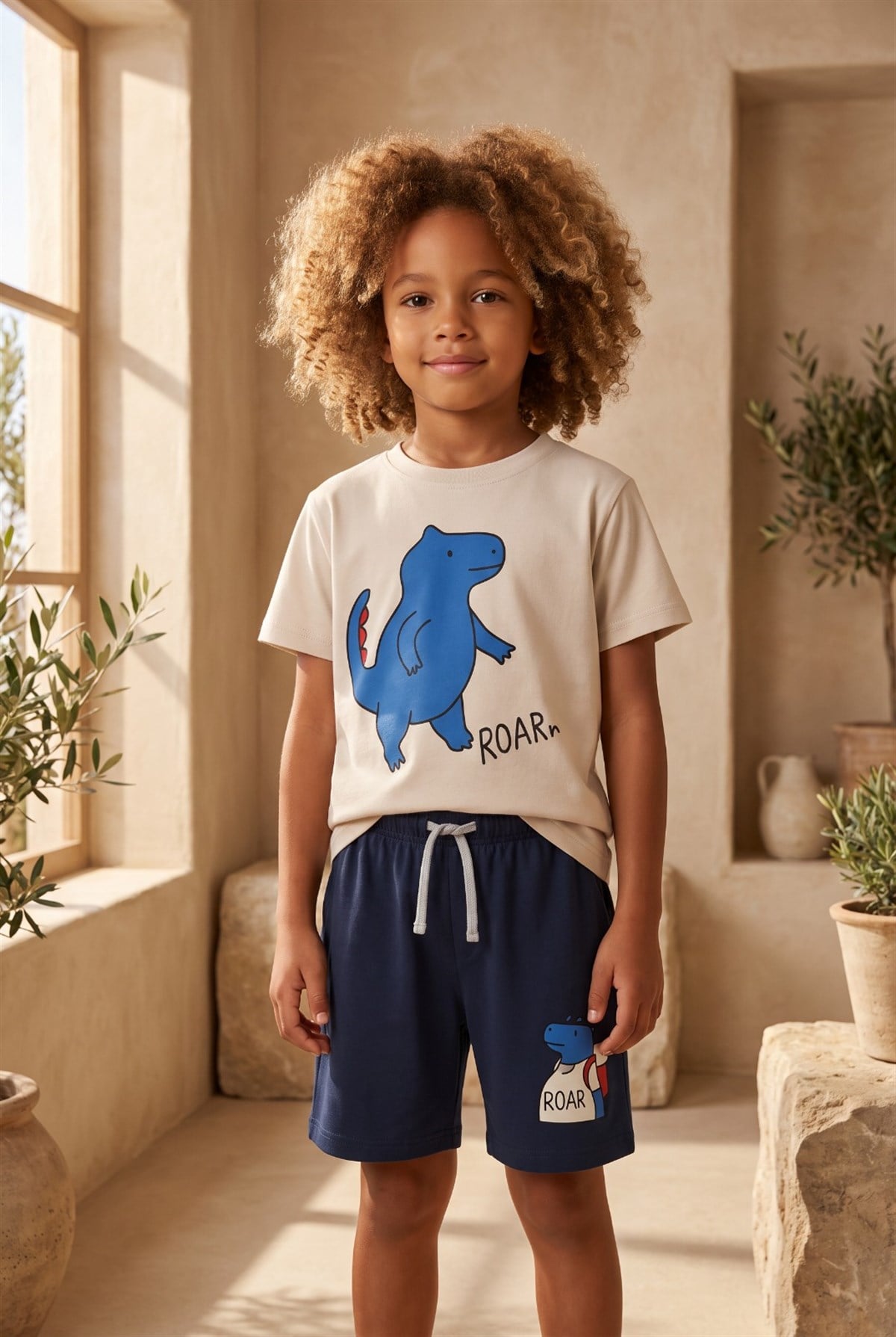 Erkek Çocuk Dinozor Desenli Şortlu Pijama Takımı