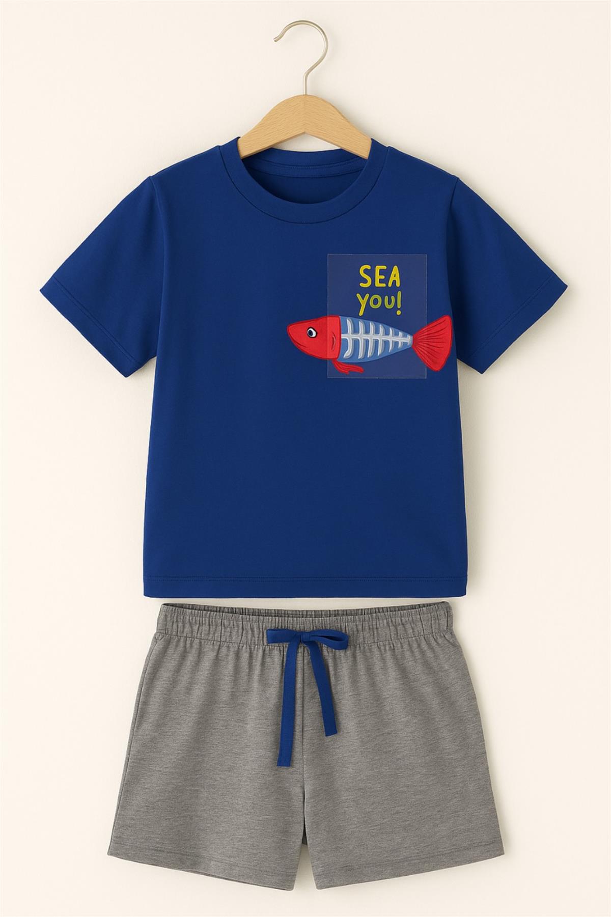 Erkek Çocuk Frill Wave Balıklı Şortlu Pijama Takımı Lacivert