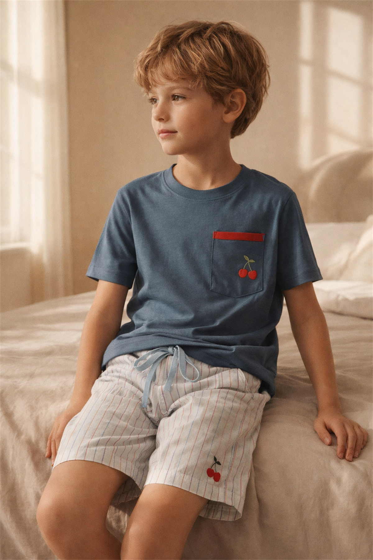 12612K2009 MEDITERRANEAN KİRAZLI ERKEK ÇOCUK ŞORT TAKIM Navy