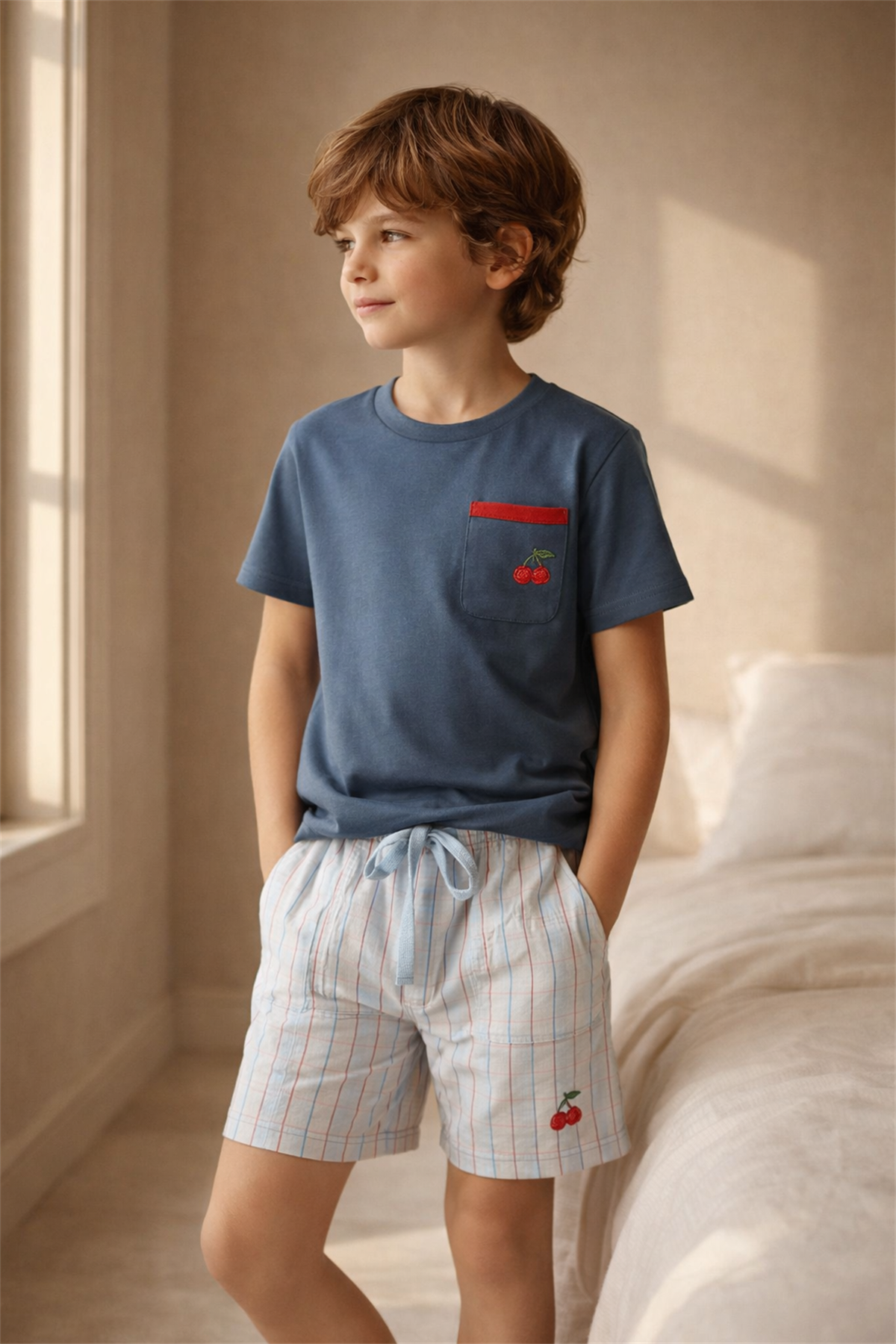 12612K2009 MEDITERRANEAN KİRAZLI ERKEK ÇOCUK ŞORT TAKIM Navy