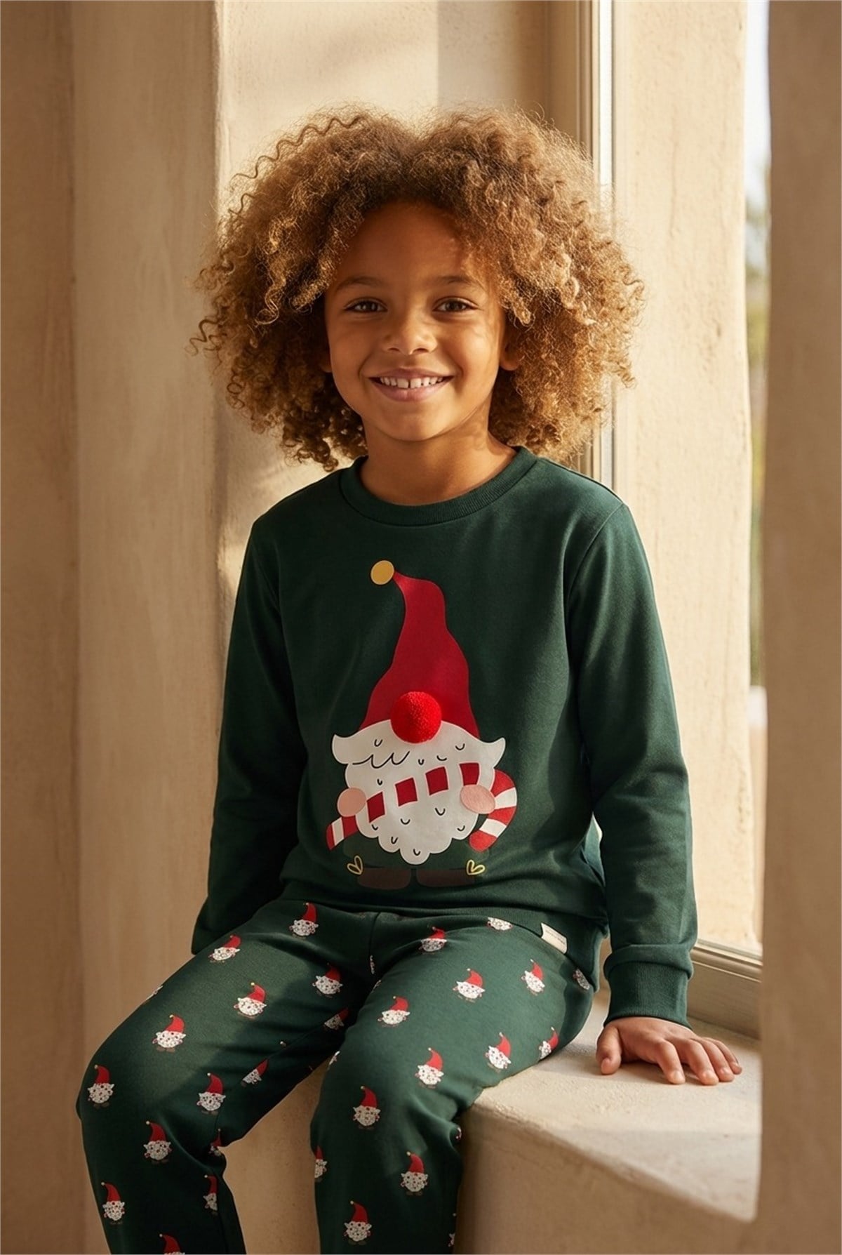Erkek Çocuk Santa Claus Yılbaşı Temalı  Sweatshirt Pijama Üstü Yeşil