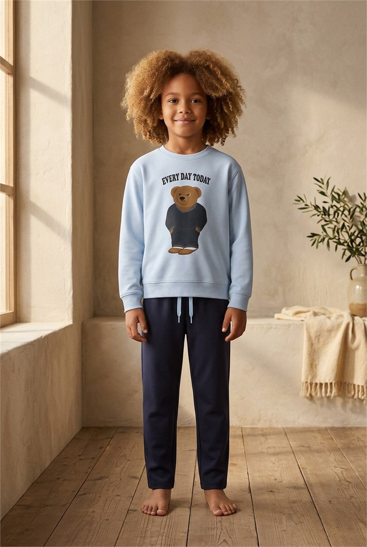 Erkek Çocuk Teddy Desenli Sweatshirt Pijama Üstü Mavi