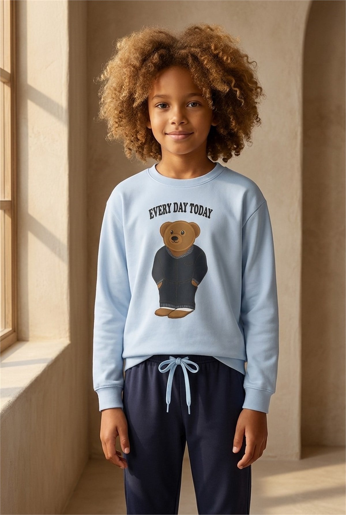 Erkek Çocuk Teddy Desenli Sweatshirt Pijama Üstü Mavi
