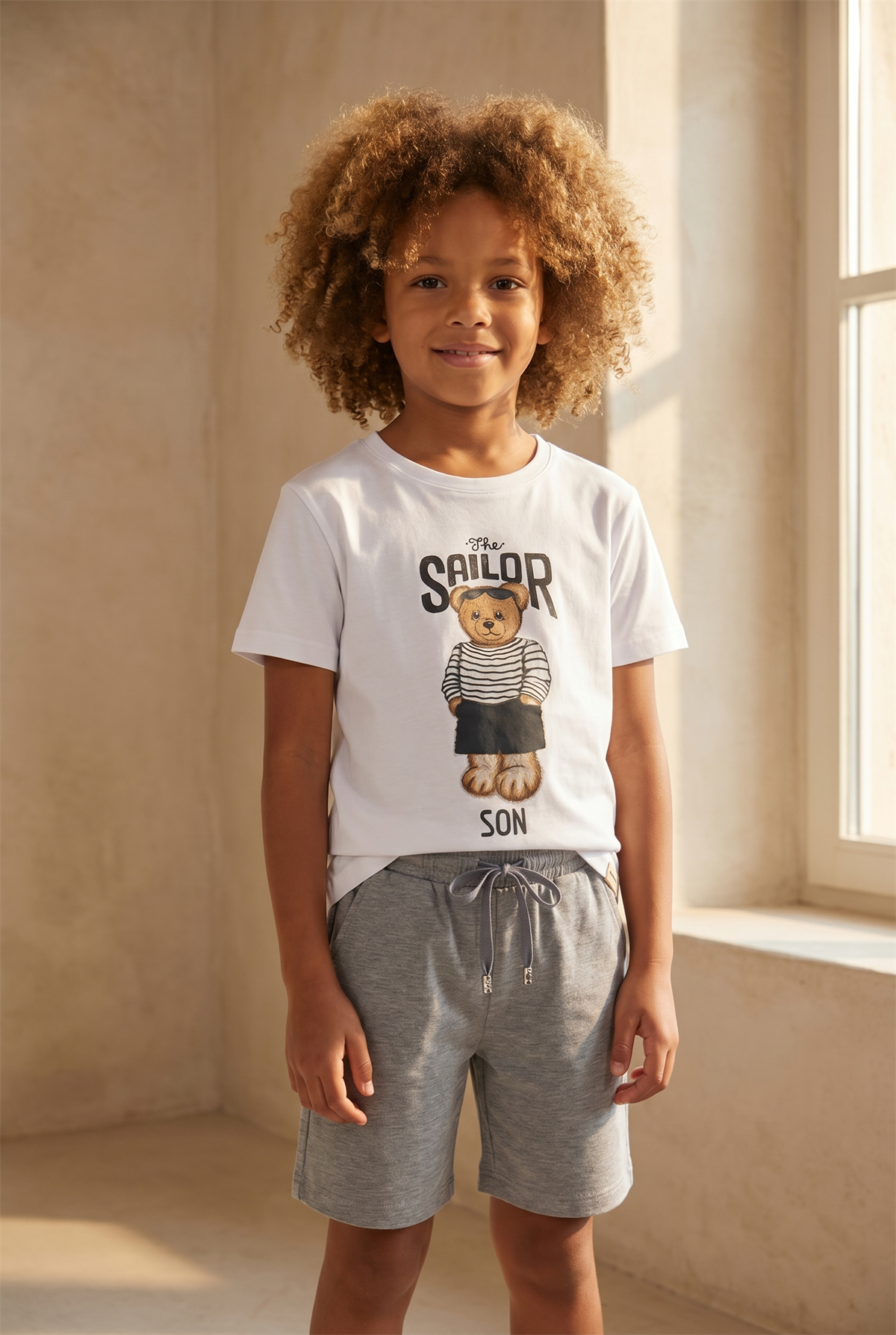 Erkek Çocuk The Sailor Teddy Baskılı Beyaz Şortlu Takım
